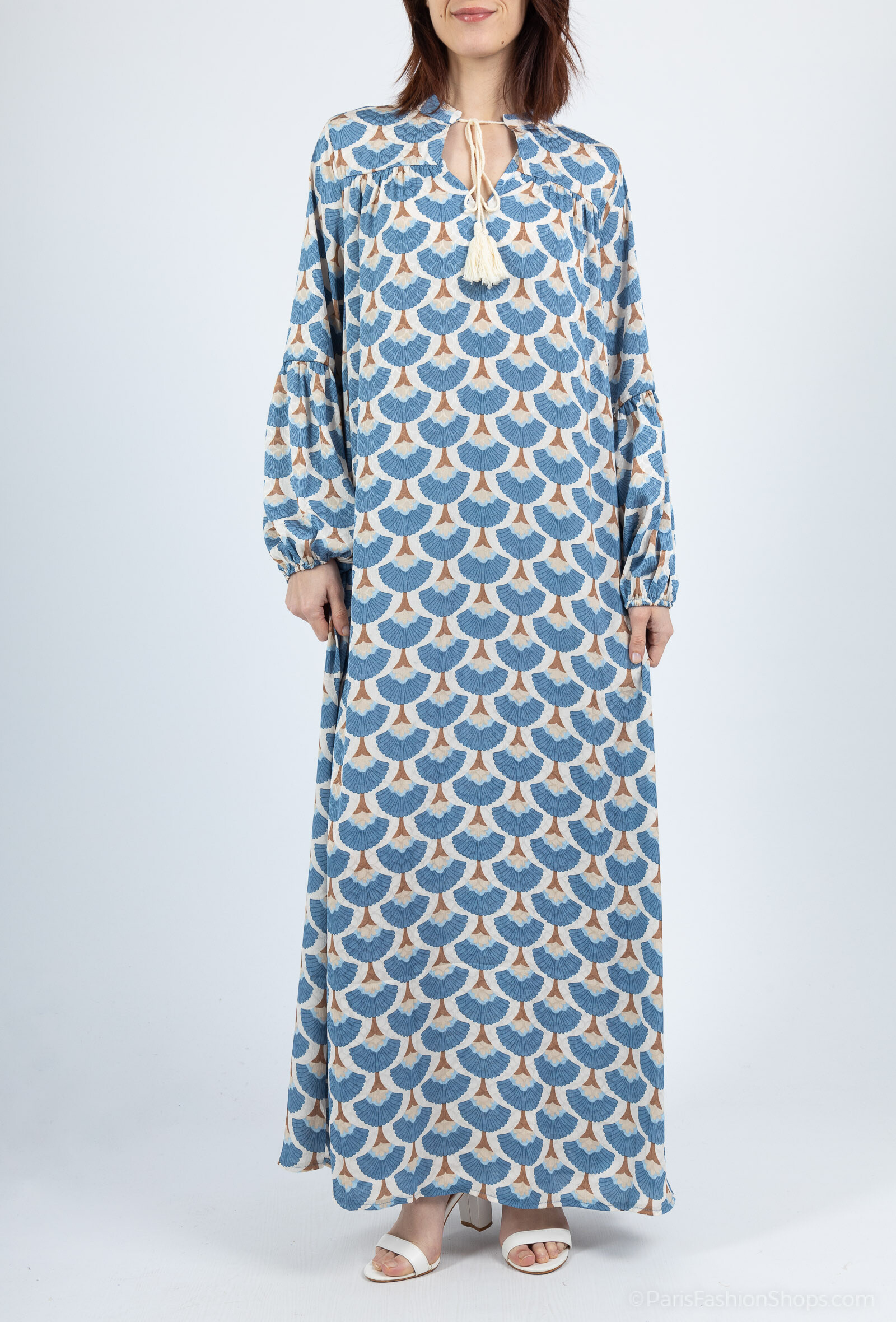 Wholesaler Kaylla - Bohemian long dress in Manchelongue and with a fan print