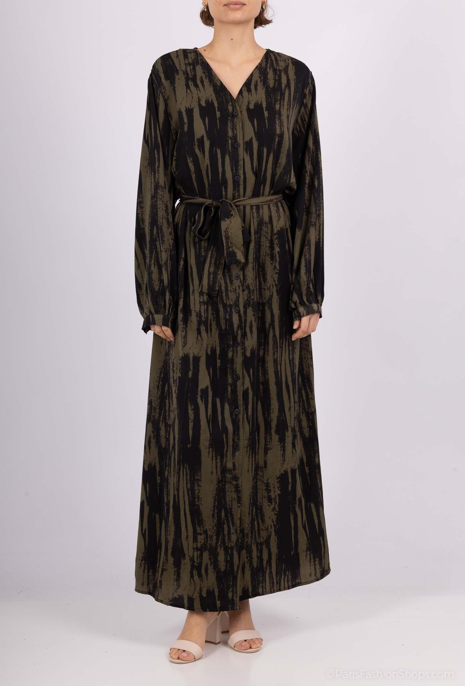 Wholesaler Kaylla - Long belted shirt dress with long sleeves and button-up front