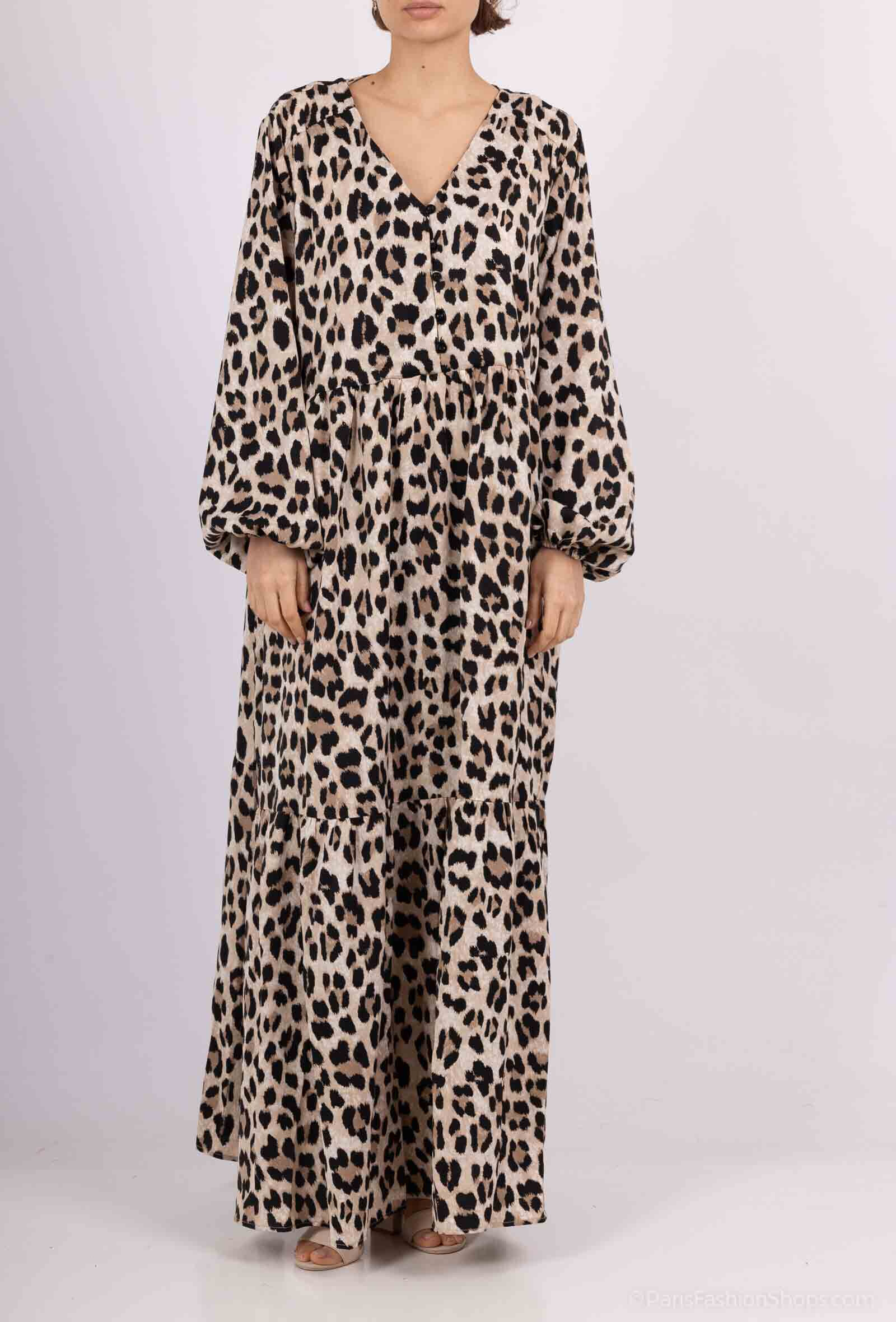 Wholesaler Kaylla - Long, flowing dress with a leopard print, long sleeves, and a V-neckline