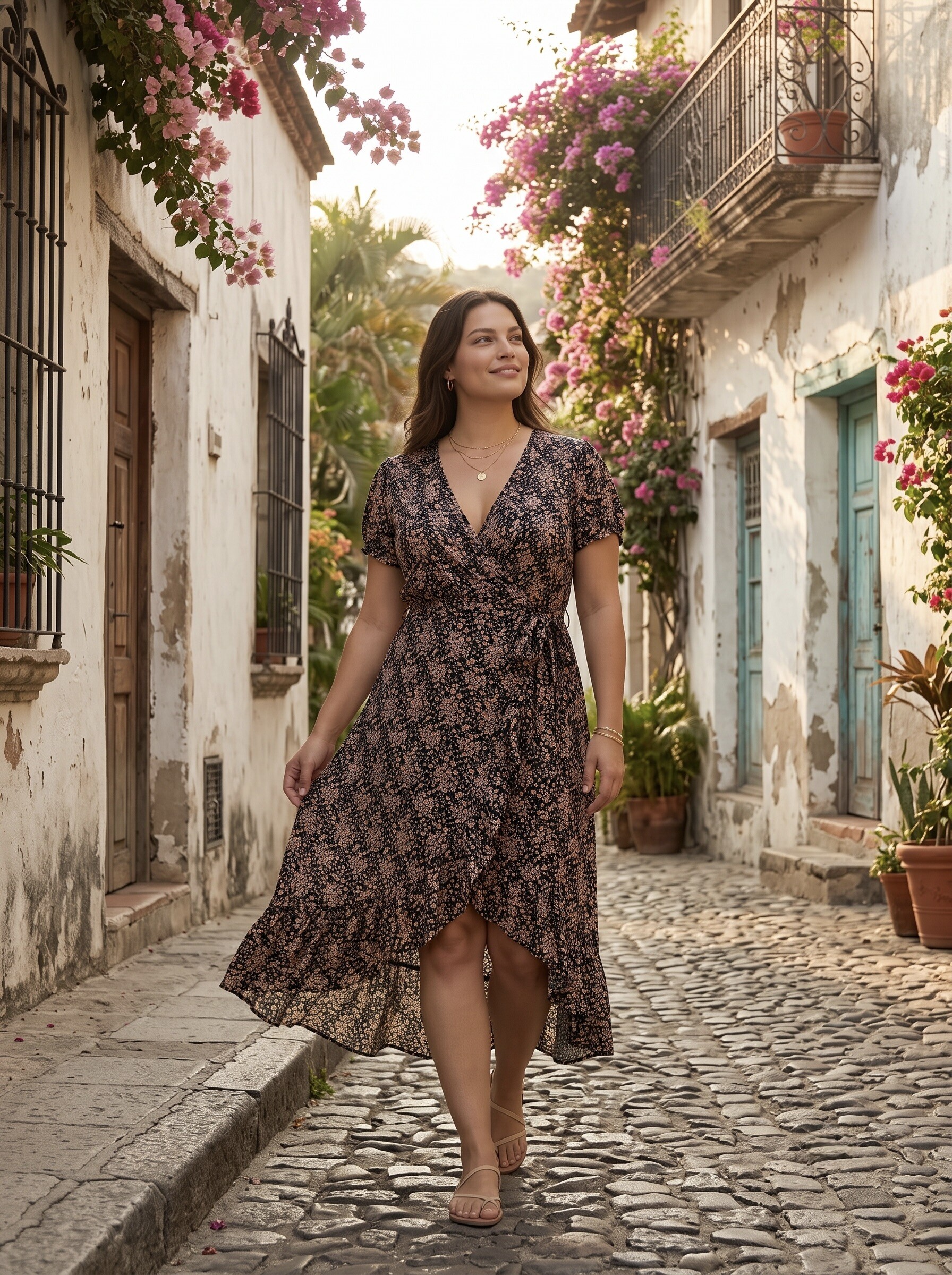 Grossiste Kazaka - Grande taille robe portefeuille imprimée midi col V manches courtes