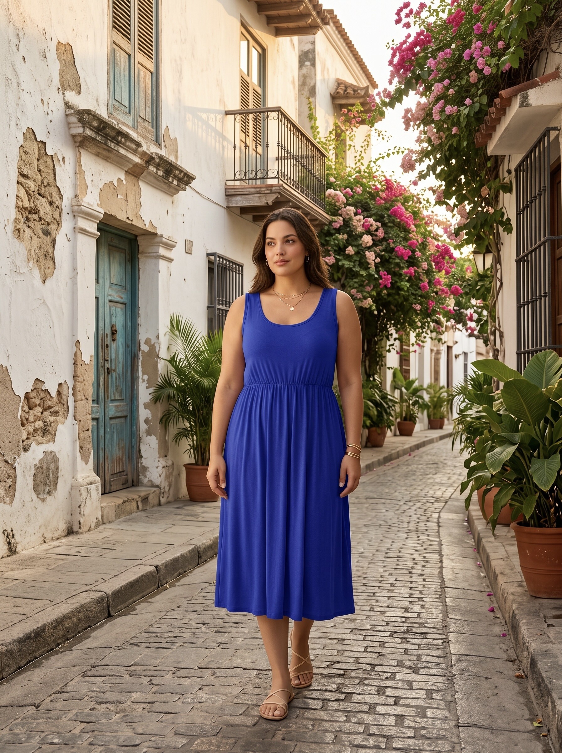 Grossiste Kazaka - Grande taille robe longue débardeur col rond taille élastiquée