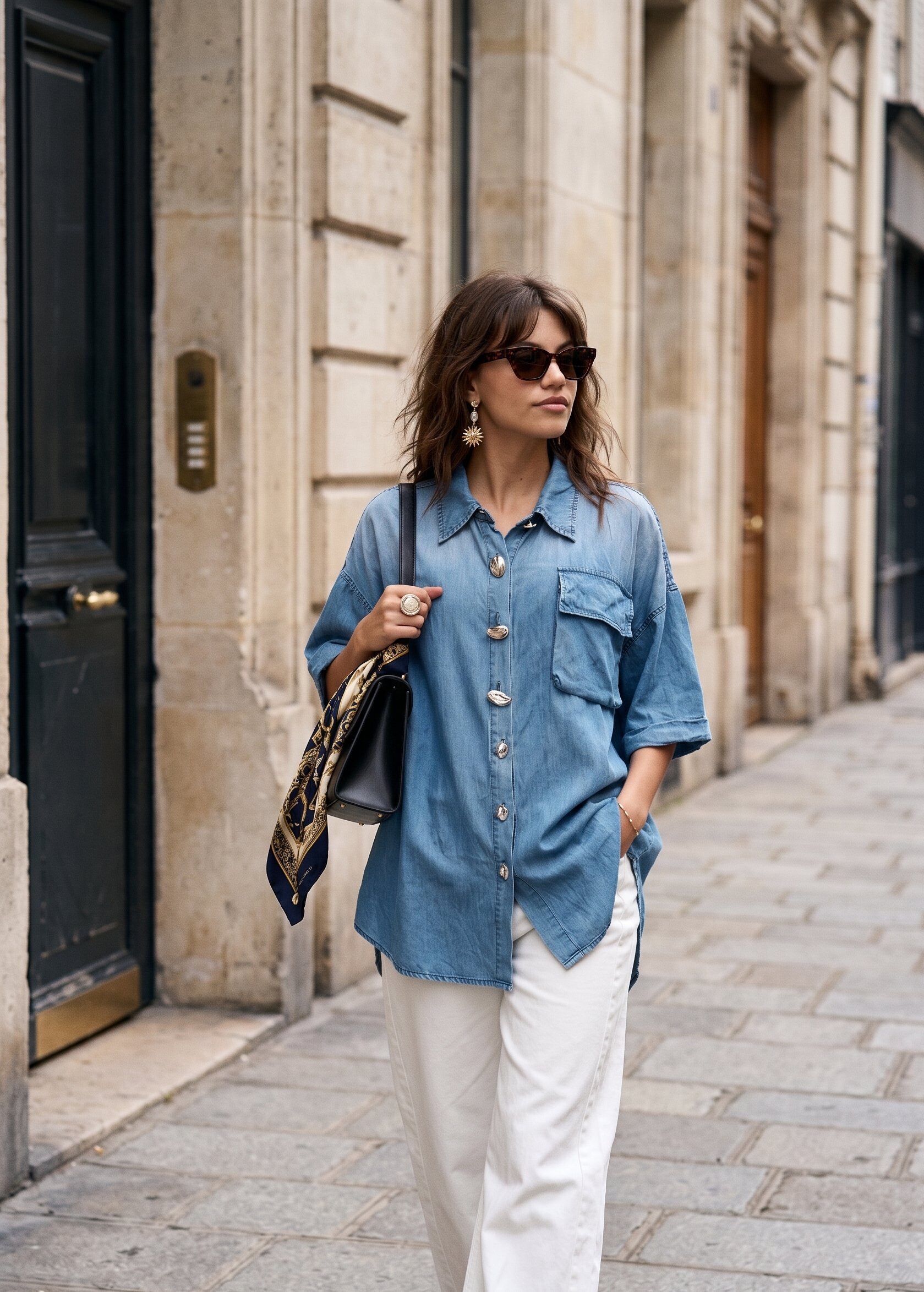 Großhändler KELIE - Fließendes Hemd, oversized Schnitt mit Brusttasche und Schmuckknöpfen - KÉLIE Paris