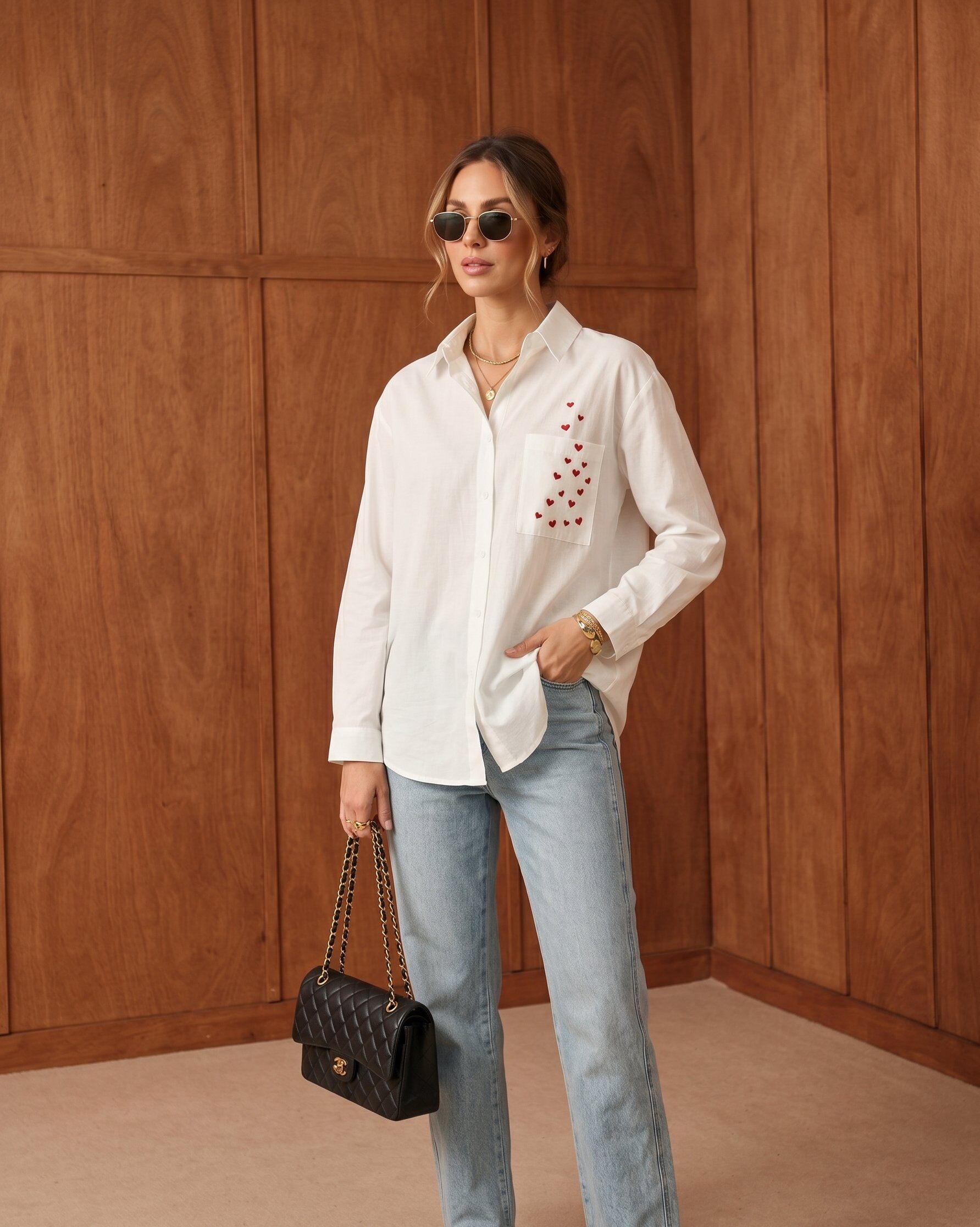 Grossiste KELIE - Chemise fluide à manches longues et broderie cœurs sur la poche - KÉLIE Paris