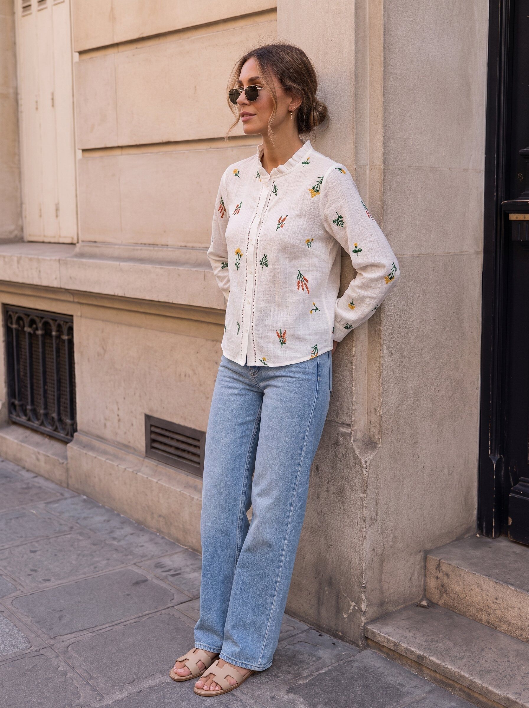 Großhändler KELIE - Fließende Bluse mit bunten Blumenstickereien, Rüschenkragen und Leiterstich-Details - KÉLIE Paris