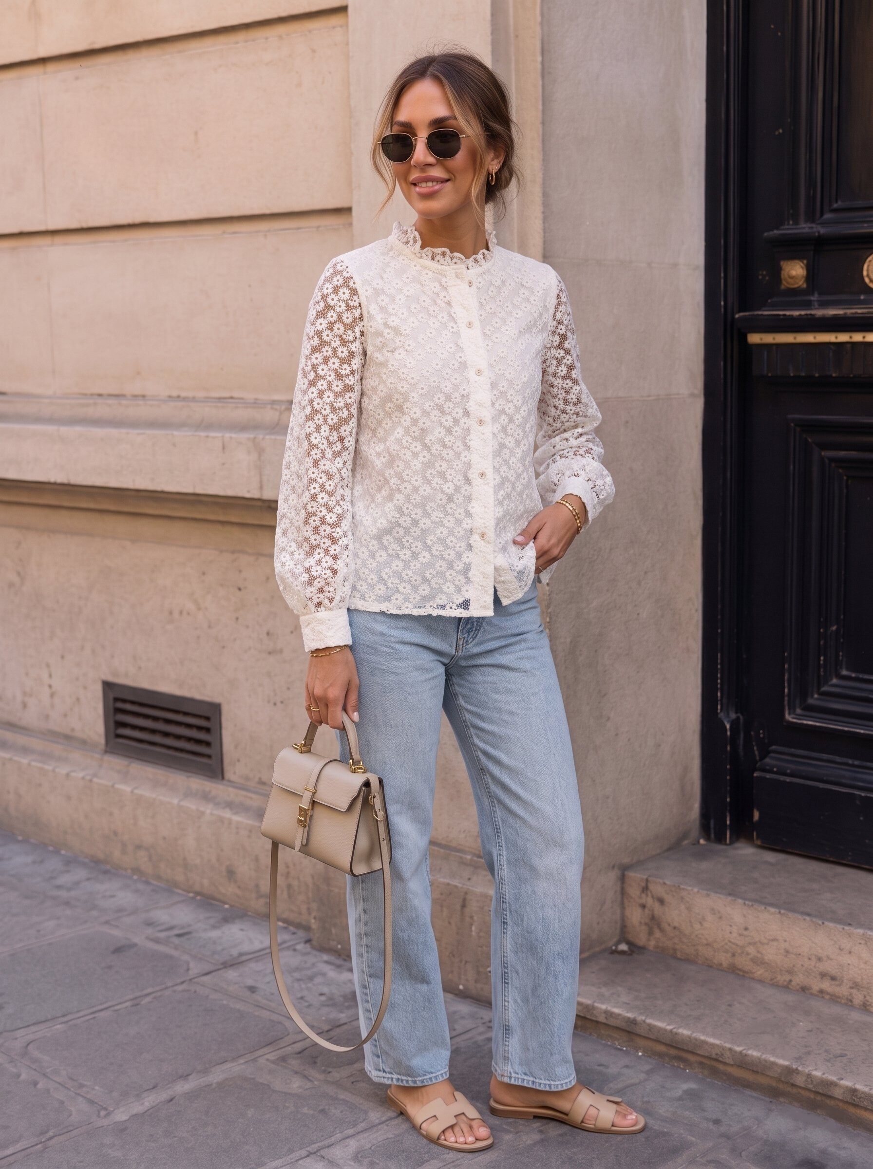 Großhändler KELIE - Fließende Bluse aus floraler Spitze mit hohem Rüschenkragen - KÉLIE Paris