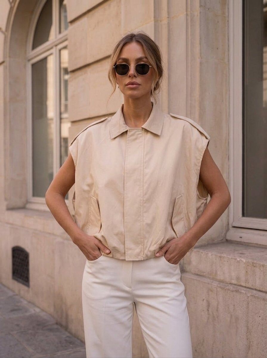 Grossiste KELIE - Gilet sans manches style bomber fluide à poches cargo et fermeture zippée - KÉLIE Paris