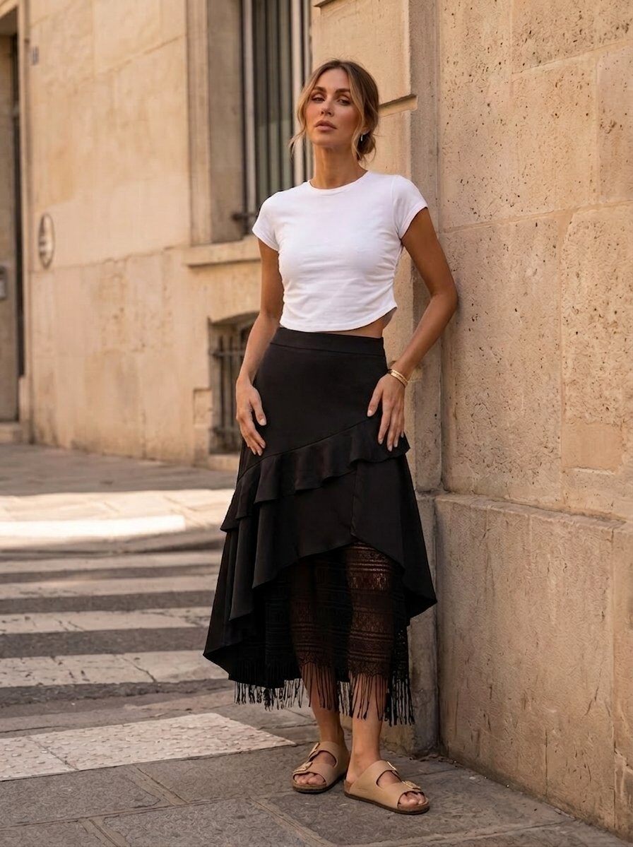 Grossiste KELIE - Jupe midi asymétrique fluide à volants superposés et dentelle - KÉLIE Paris