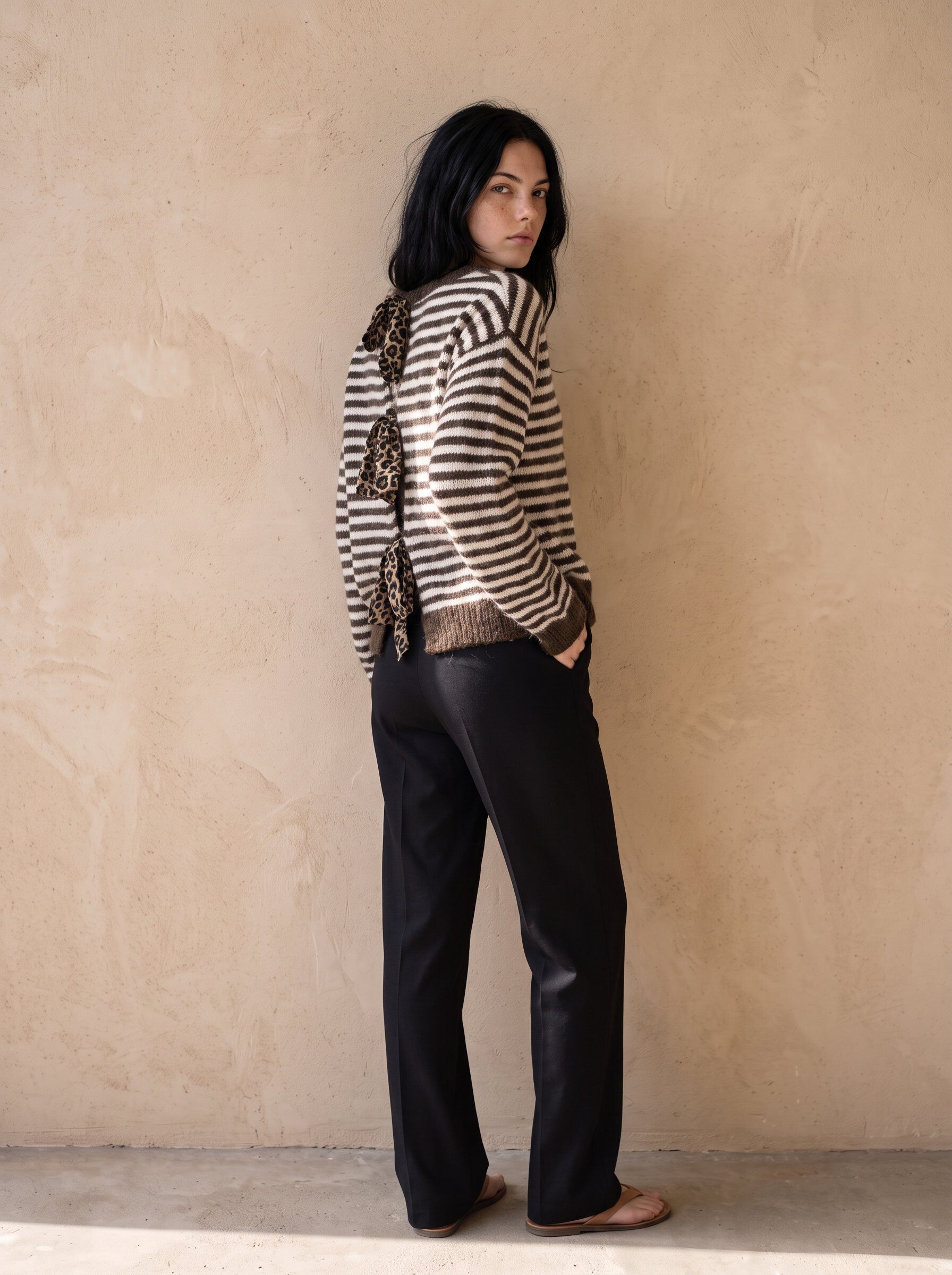 Grossista KELIE - Maglione a righe con fiocchi leopardati sul retro da donna