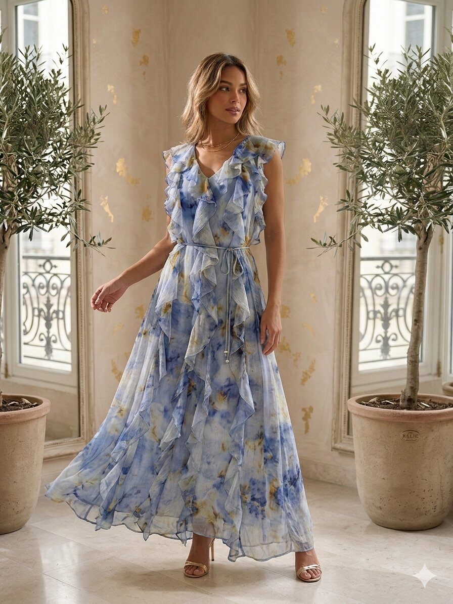 Großhändler KELIE - Langes Blumenkleid mit Rüschen und V-Ausschnitt - KÉLIE Paris