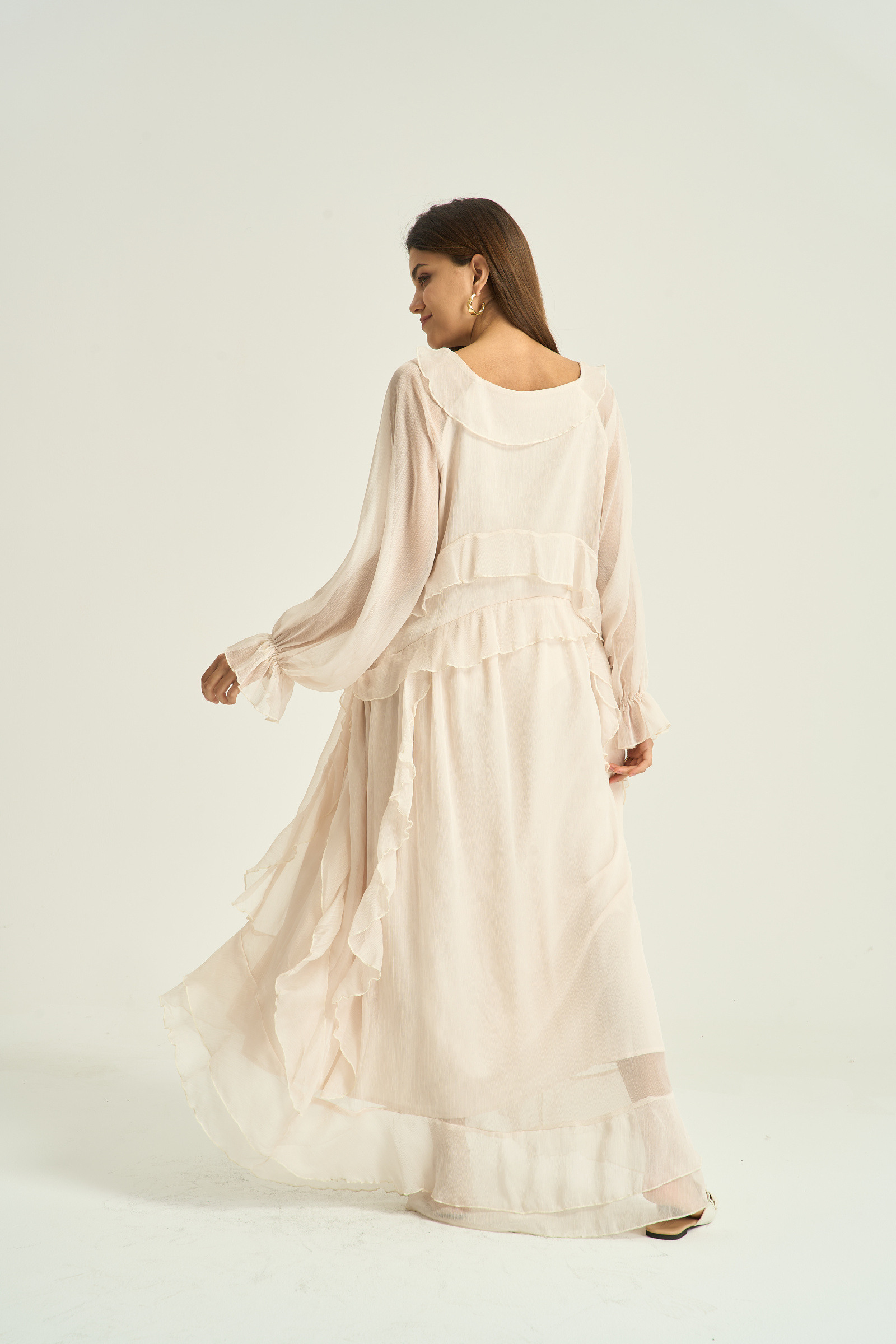 long flowy dresses for beach wedding Momyknows Beige 2 Piece Smocked Ruffle Backless Flowy Elegant Vacation Beach Photoshoot Maternity Maxi Dress Beige / S main image 1