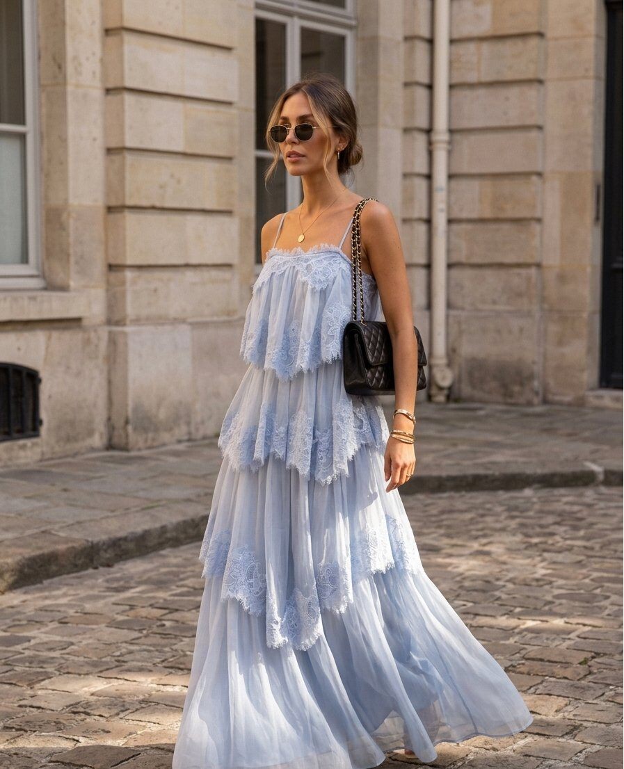 Grossiste KELIE - Robe Longue À Volants Et Dentelle
