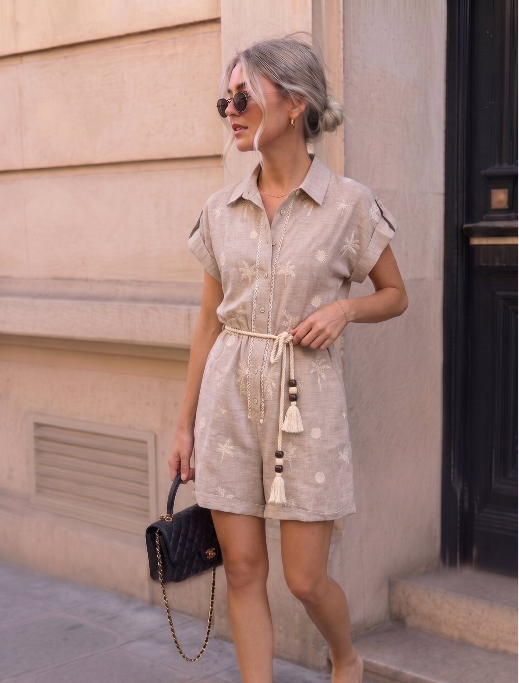 Großhändler KELIE - Fließender Jumpsuit mit Palmenstickerei, Hemdkragen und Kordelgürtel mit Quasten - KÉLIE Paris