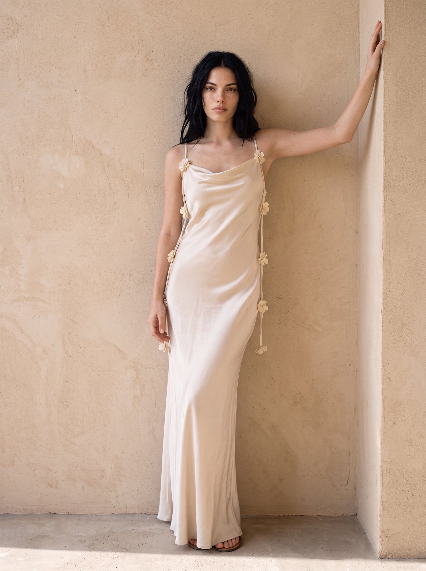 silk dress flowy long satin-look with cowl neck and embossed floral details - KÉLIE Paris custom shoes barcelona