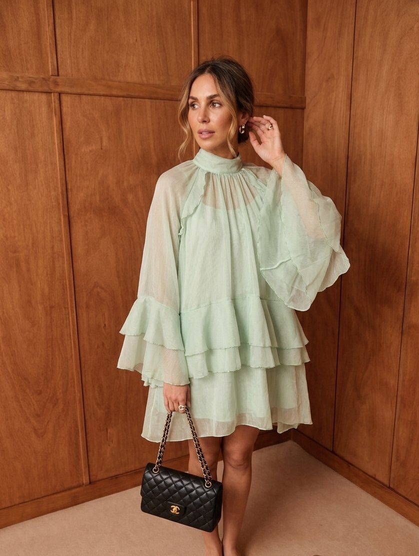 Mayorista KELIE - Vestido corto vaporoso con cuello alto y cascadas de volantes - KÉLIE Paris