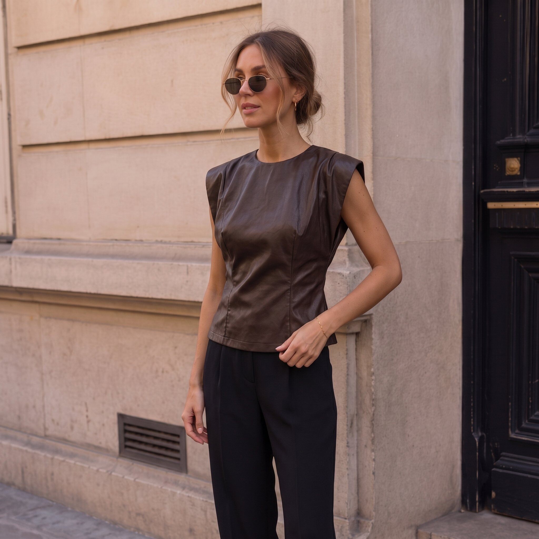 Grossiste KELIE - Top en simili-cuir à épaulettes
