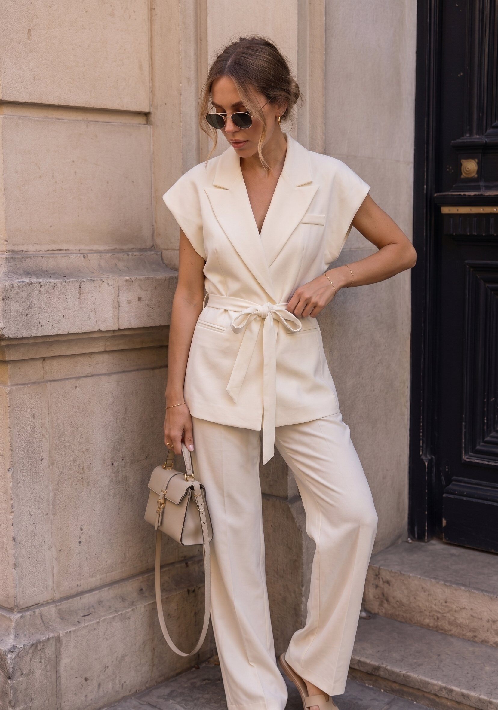 Grossiste KELIE - Gilet blazer sans manches fluide à col tailleur et ceinture assortie à nouer - KÉLIE Paris
