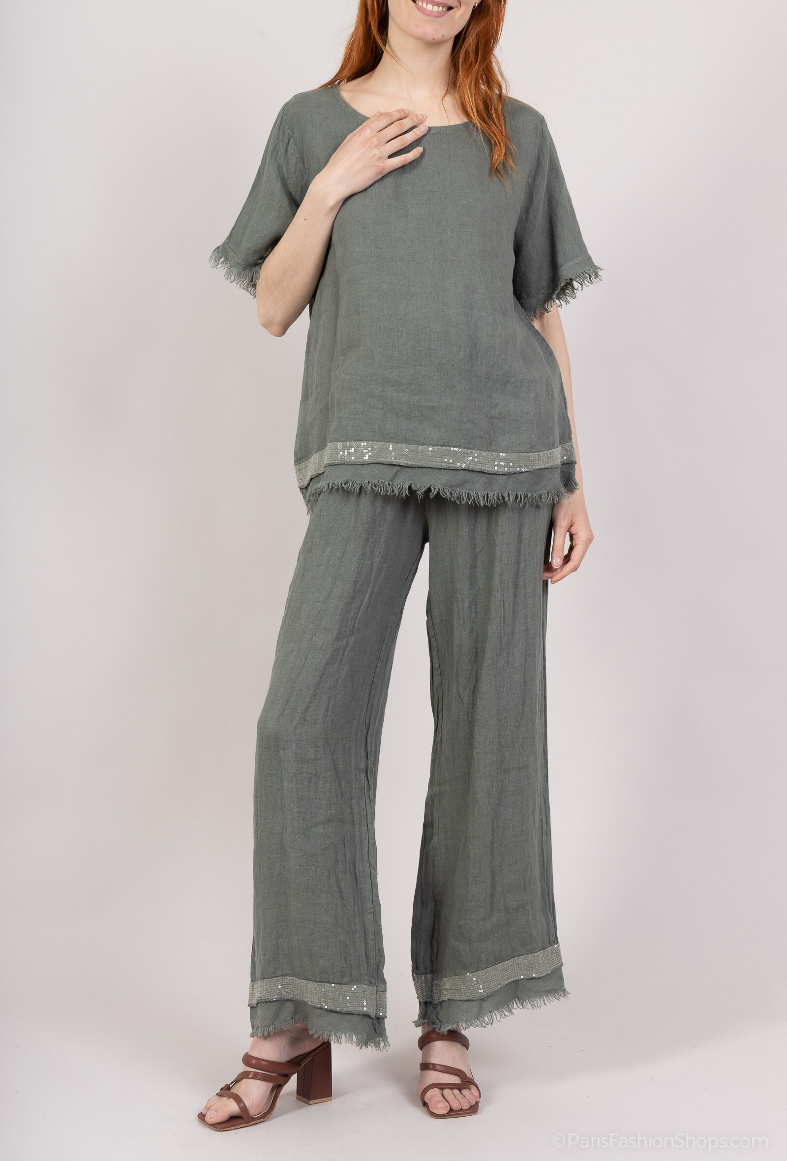 Grossiste Ki&Love - Pantalon large avec des détails strass au niveau du bas
