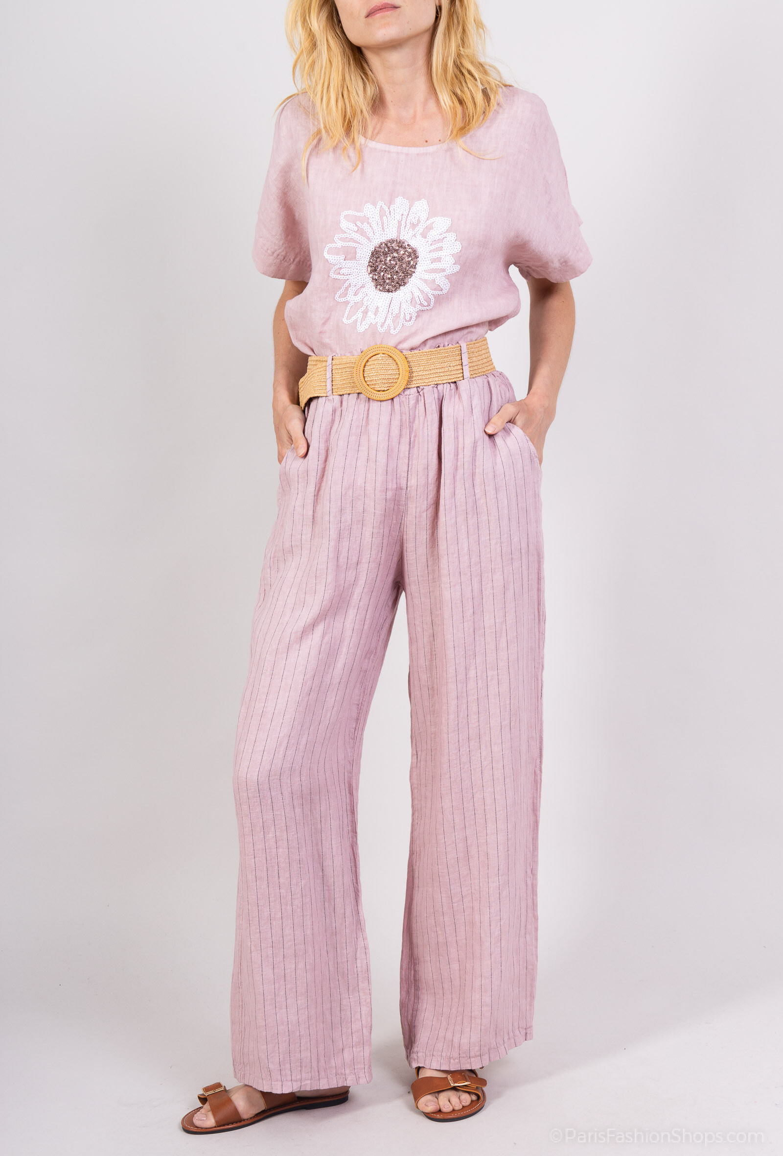Grossista Ki&Love - Pantaloni a righe sottili con cintura