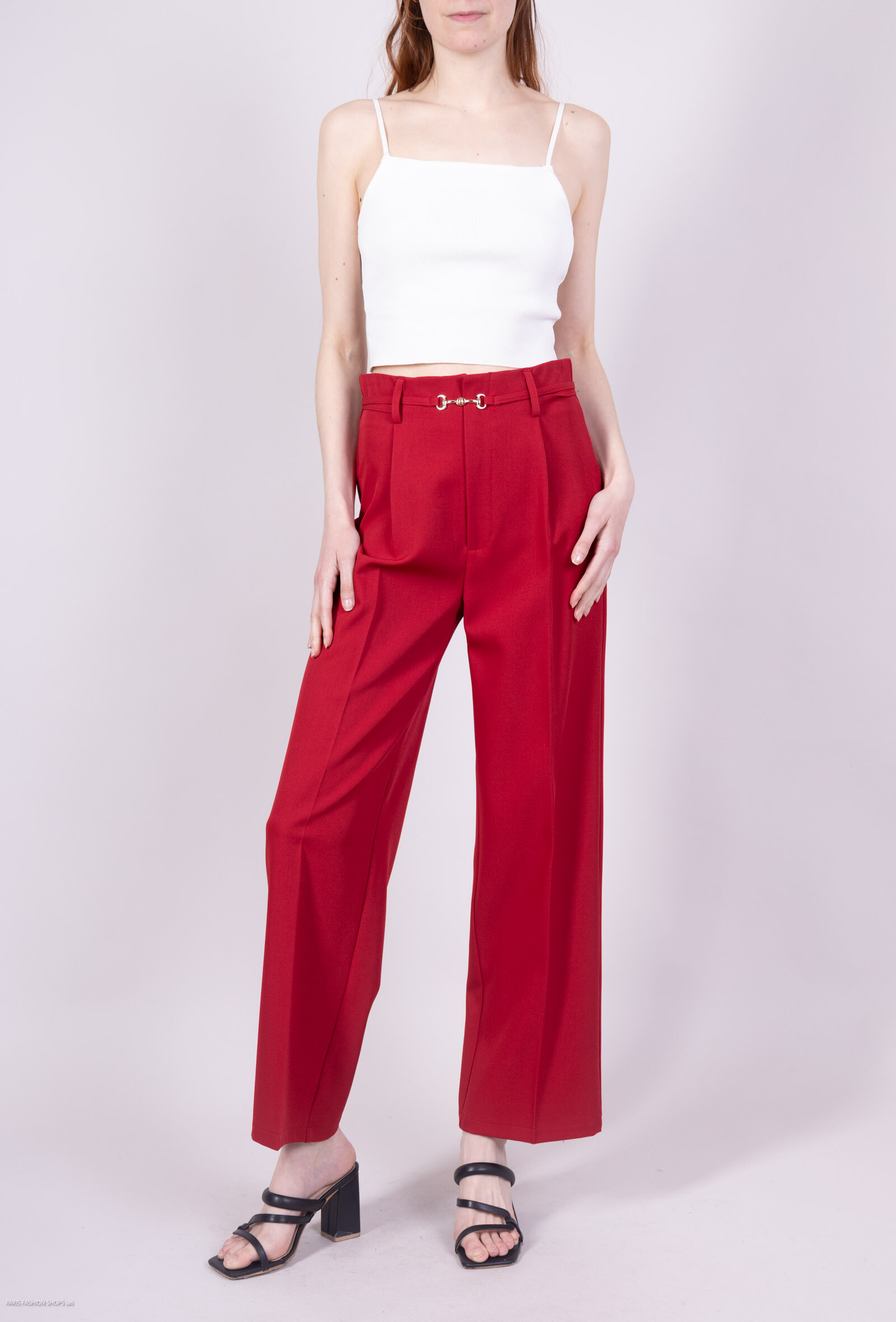 Pantalon élégant pour femme en polyester (95%) et élasthanne (5%), parfait pour le printemps/été, avec détail de petite boucle, importé.