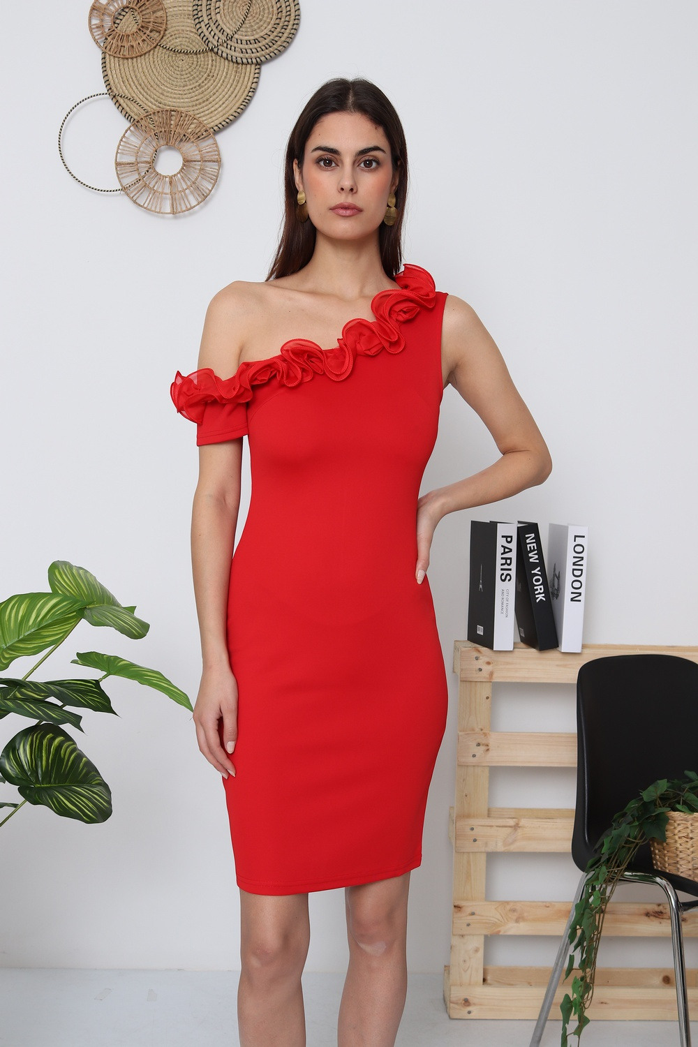 Mayorista Kichic - Vestido asimétrico con cuello de volantes
