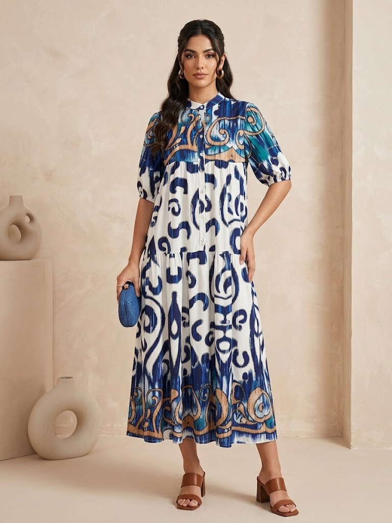 Wholesaler KIKI MODA - Women's Long Oversized Shirt Dress, Fresh and Loose Maxi Dress with Ethnic Abstract Print