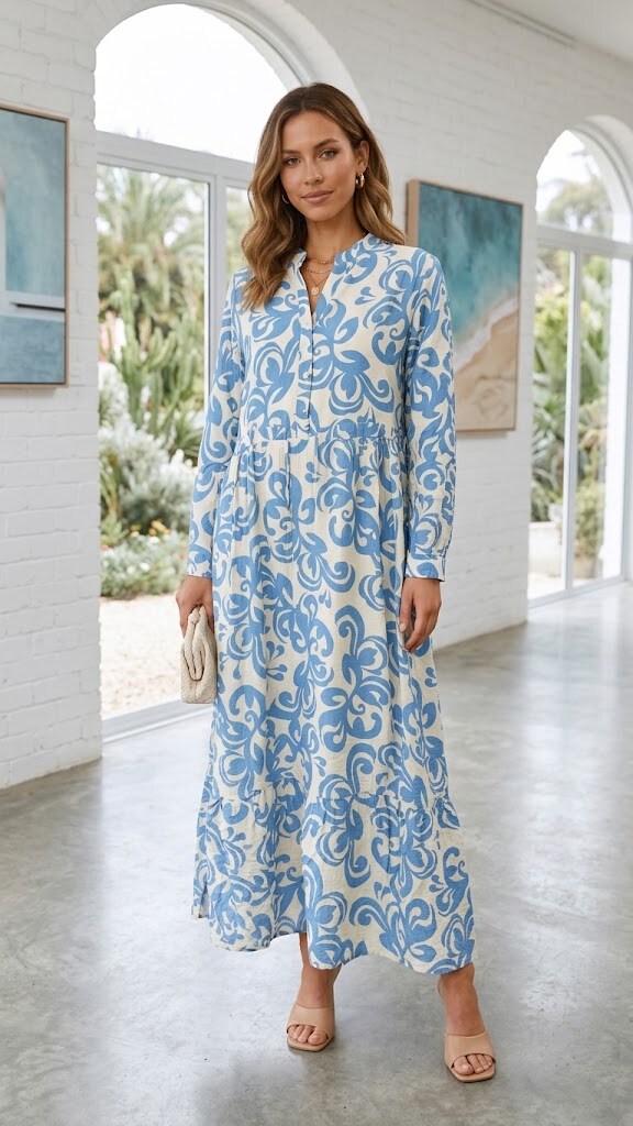 Großhändler KIKI MODA - Damen Langkleid mit Arabischem Stil Print, V-Ausschnitt, Kordelzug in der Taille und langen Ärmeln