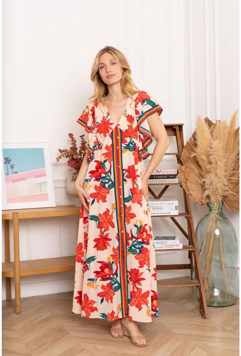 Light spring/summer dress, polyester spandex, perfect for warm weather, made in China.