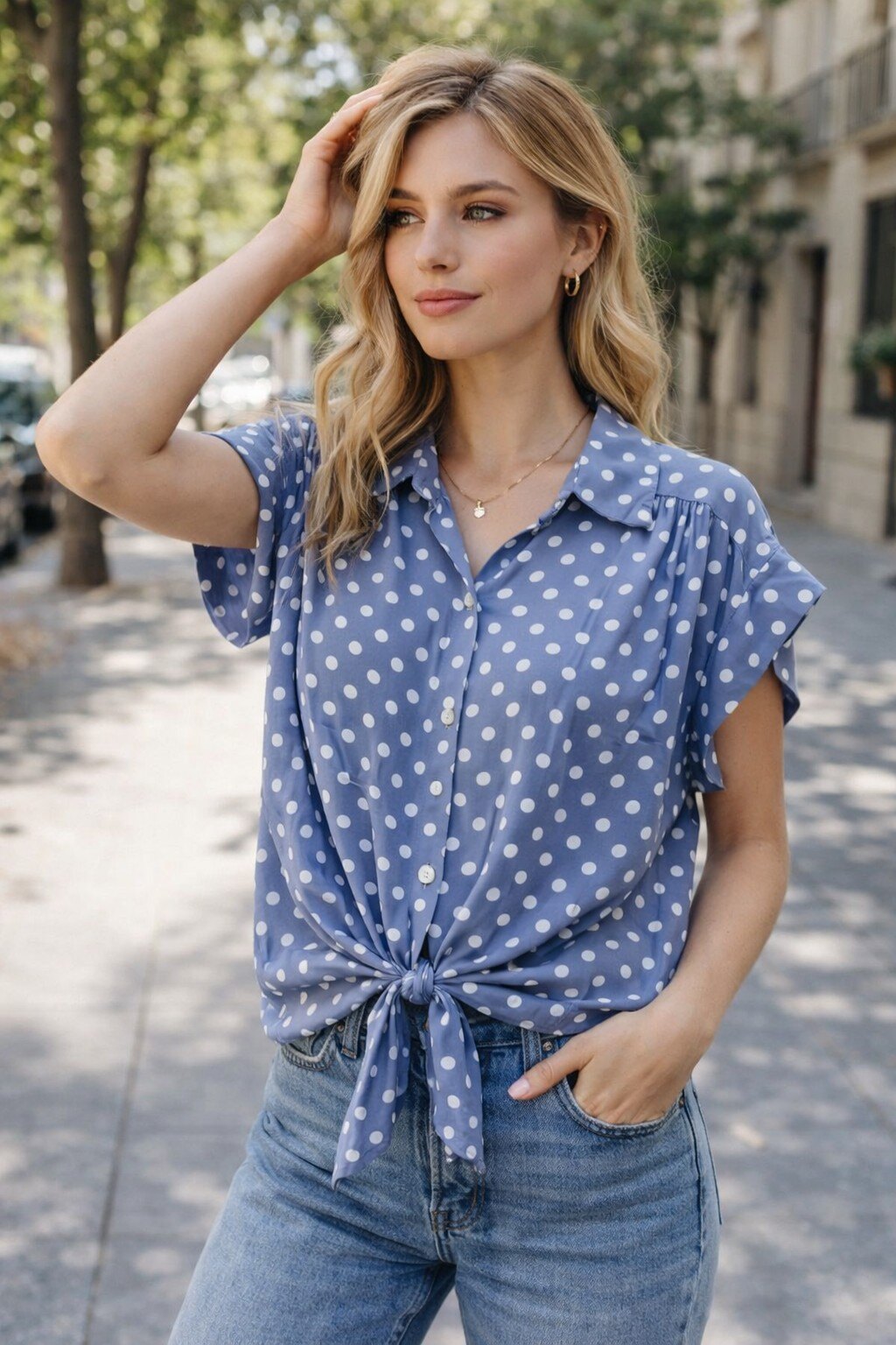 Mayorista KIS₂ - CAMISA DE LUNARES MANGA CORTA CON CUELLO ABOTONADO DELANTERO LIGERA Y CÓMODA TALLA ÚNICA