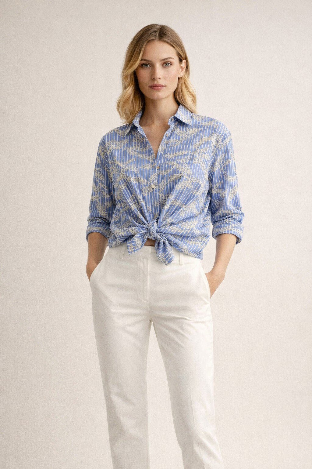 Wholesaler KIS₂ - STRIPED SHIRT WITH PRINT MANDARIN COLLAR LONG SLEEVES COMFORTABLE FRONT BUTTONS ONE SIZE