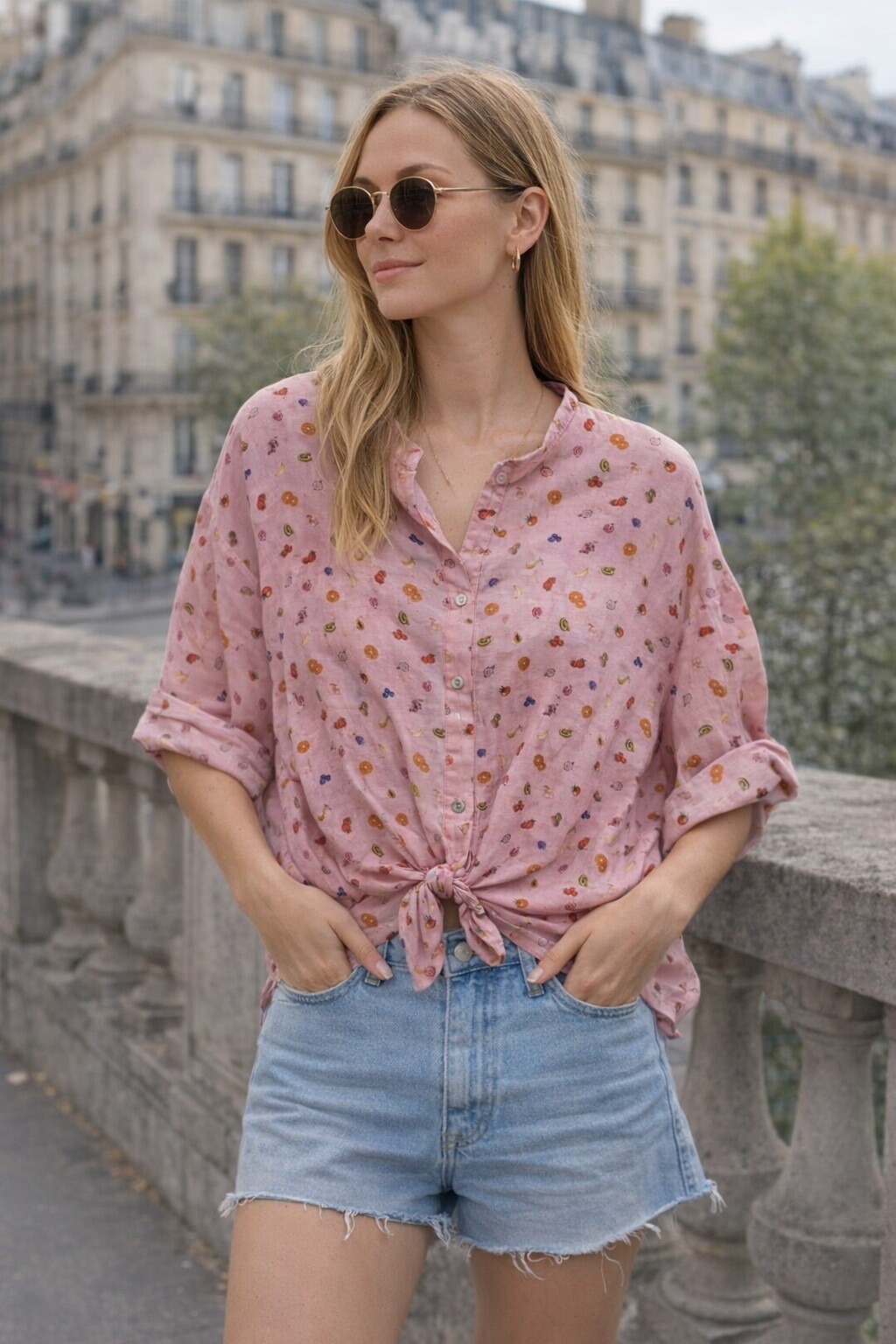 Grossista KIS₂ - CAMICIA MISTO SETA CON STAMPA LEGGERA, MANICA LUNGA CON BOTTONI FRONTALE, TAGLIA UNICA
