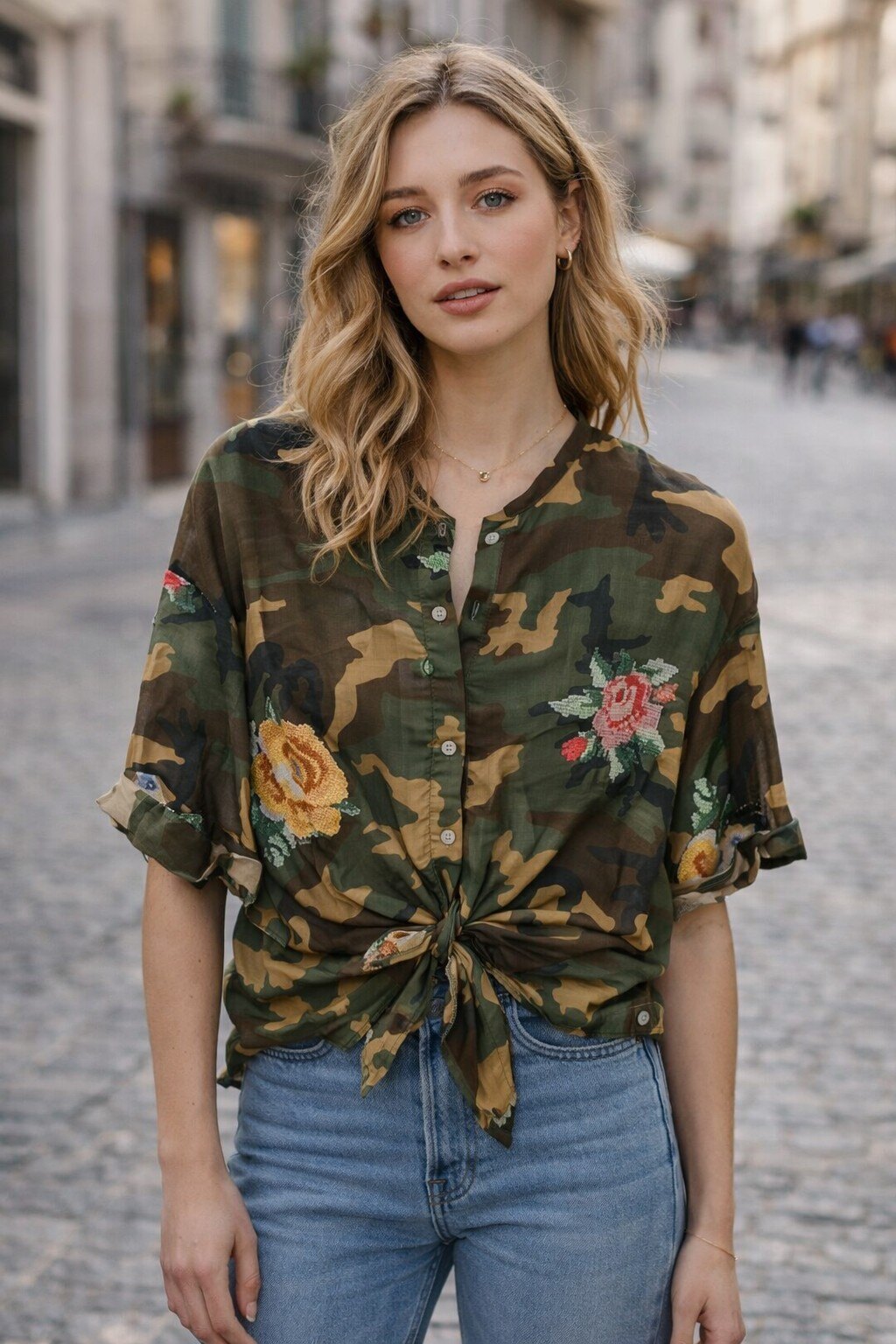 Mayorista KIS₂ - BLUSA DE MUJER DE MEZCLA DE SEDA ESTAMPADA CON MANGA MEDIA Y CIERRE DE BOTÓN