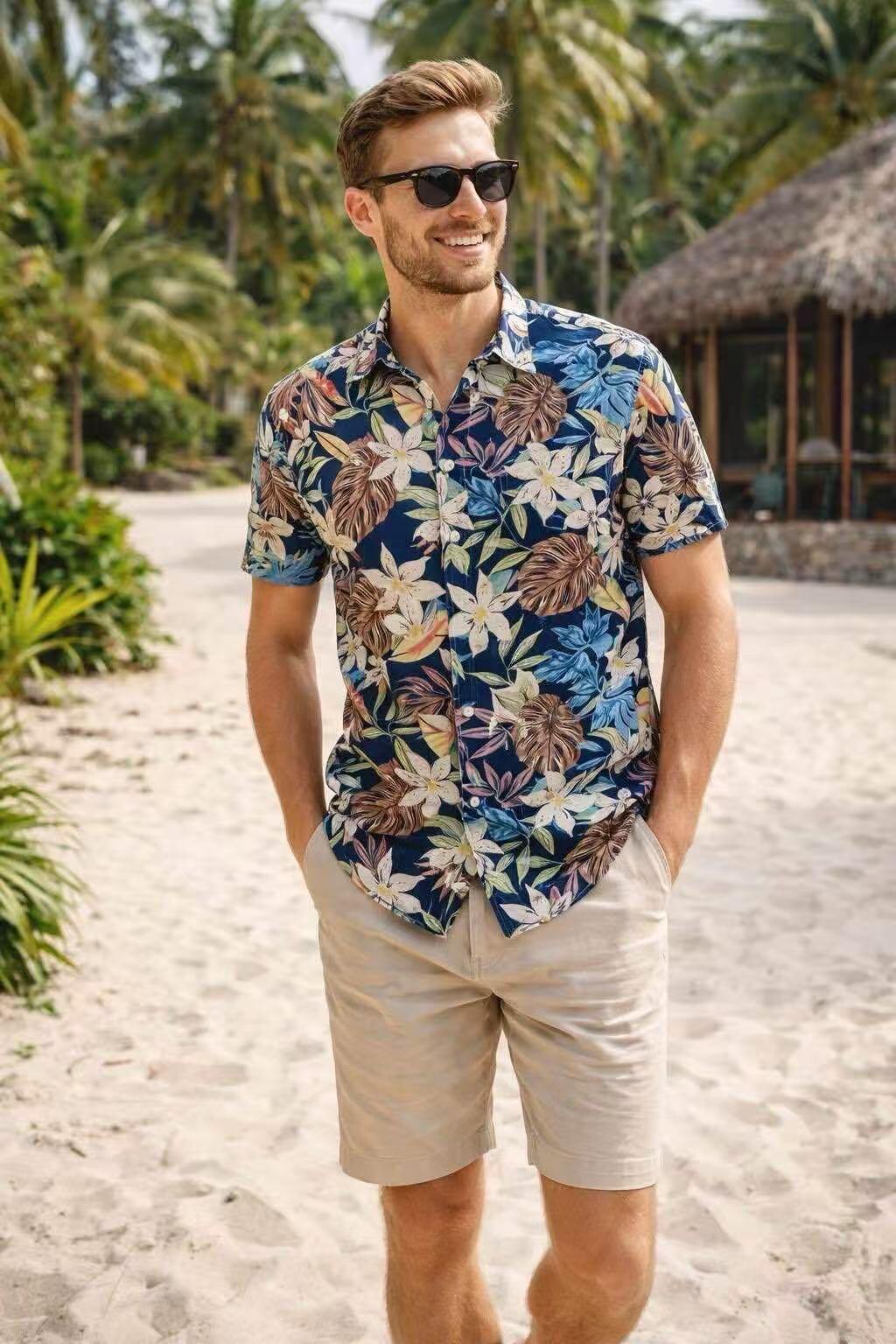 Grossista KIS₂ - CAMICIA UOMO CON STAMPA A FIORE A MANICA CORTO, CHIUSURA CON BOTTONE