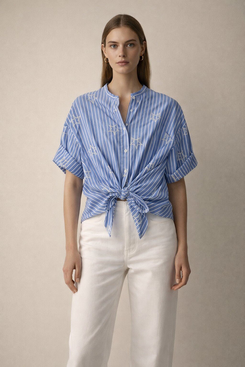 Wholesaler KIS₂ - STRIPED SHIRT WITH PRINT MANDARIN COLLAR LONG SLEEVES COMFORTABLE FRONT BUTTONS ONE SIZE