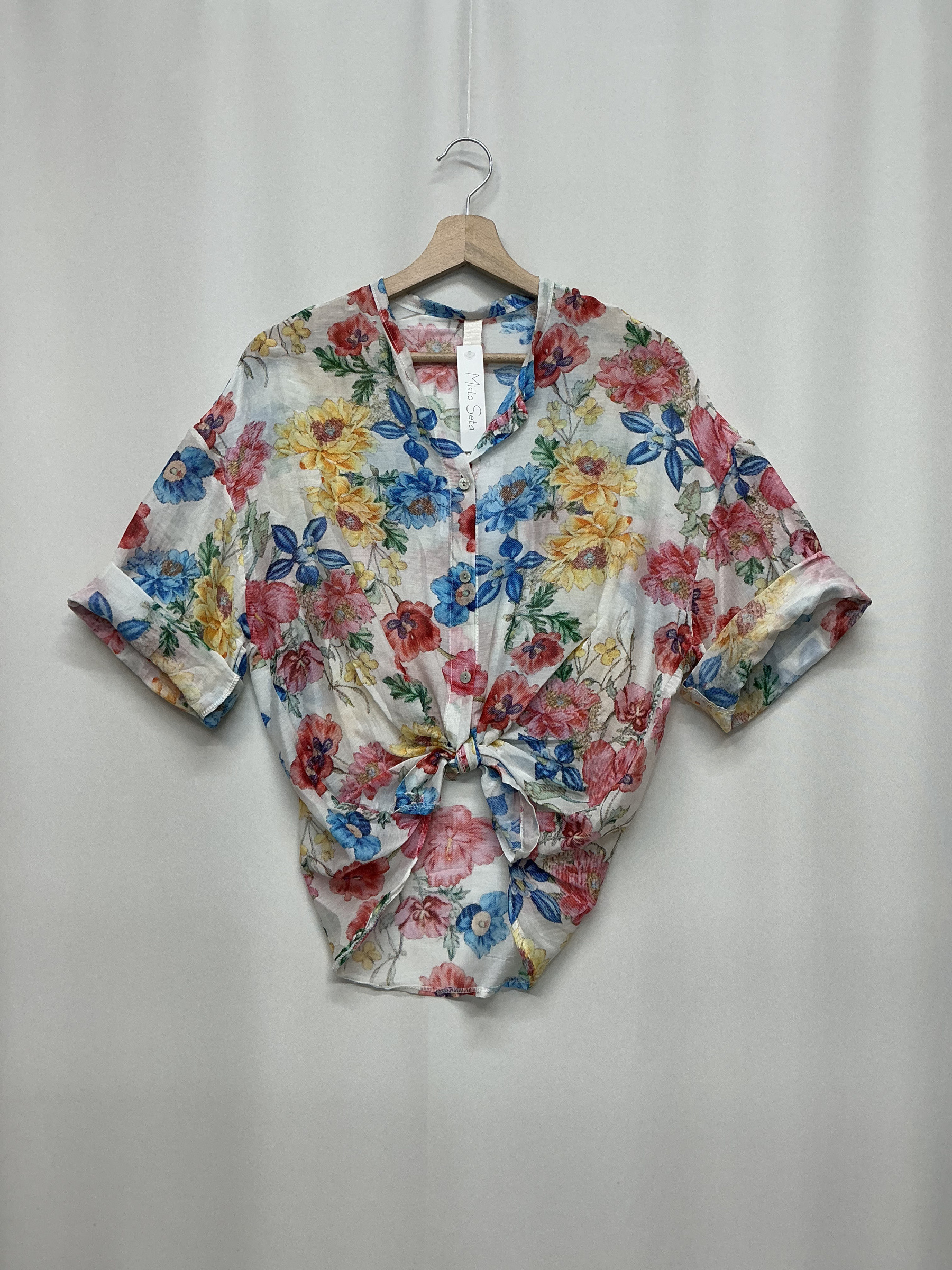 Grossista KIS₂ - CAMICIA MISTO SETA CON STAMPA LEGGERA, MANICA LUNGA E BOTTONI FRONTALE, TAGLIA UNICA