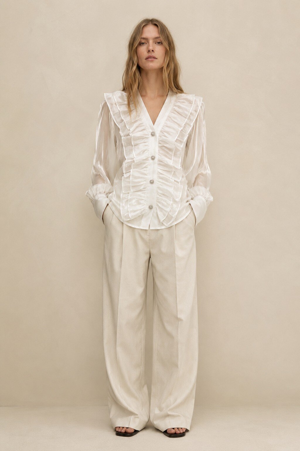 Grossiste KIS₂ - CHEMISE ÉLÉGANTE TRANSPARENTE CHARMANTE À MANCHES LONGUES COL EN V BOUTONS FRONTAUX UNIE AVEC TAILLE