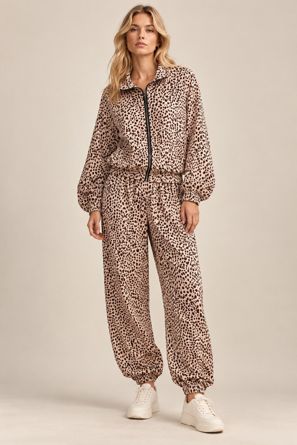 Mayorista KIS₂ - CONJUNTO DE MONO ESTAMPADO DE LEOPARDO CON MANGAS LARGAS, APERTURA FRONTAL, BAJO Y PUÑOS ELÁSTICOS Y PANTALONES LARGOS