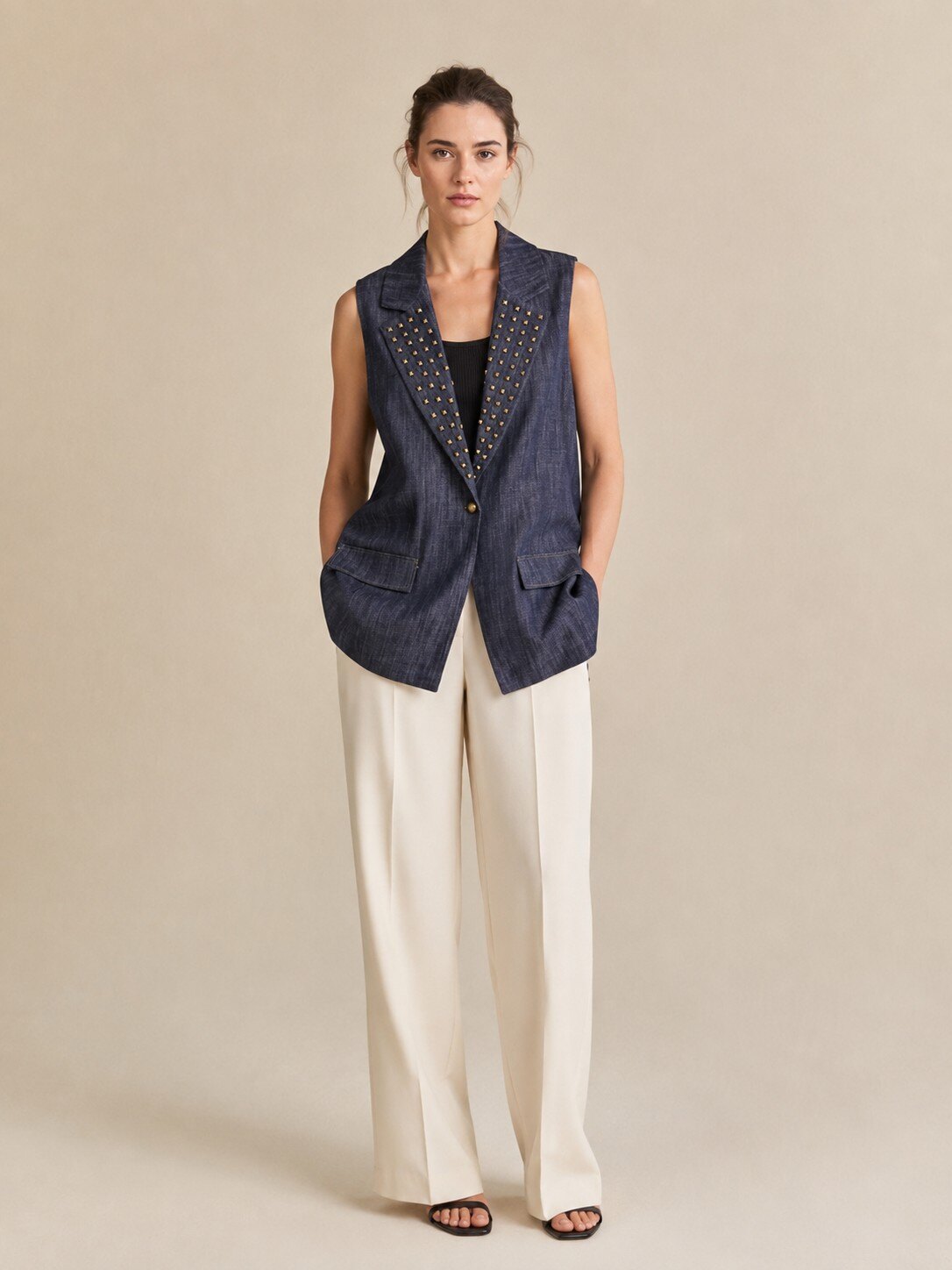 Wholesaler KIS₂ - Sleeveless denim vest with V-neck, button, and convenient pockets, solid color, one size