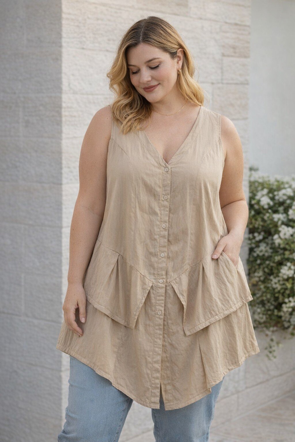 Wholesaler KIS₂ - LONG CURVY VEST WITHOUT SLEEVES WITH FRONT BUTTONS V-NECK SOLID COLOR