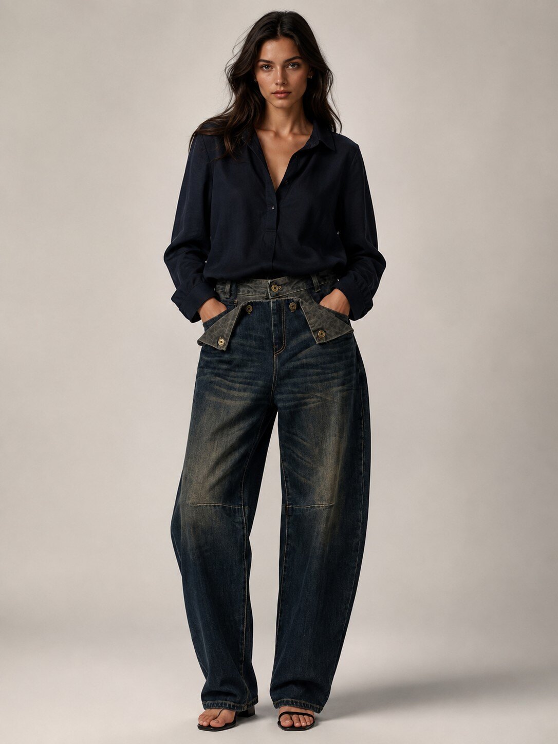 Wholesaler KIS₂ - VINTAGE BAGGY PANTS WITH STRAIGHT WIDE LEG AND DISTINCTIVE BUTTON DETAILS AVAILABLE IN SIZES