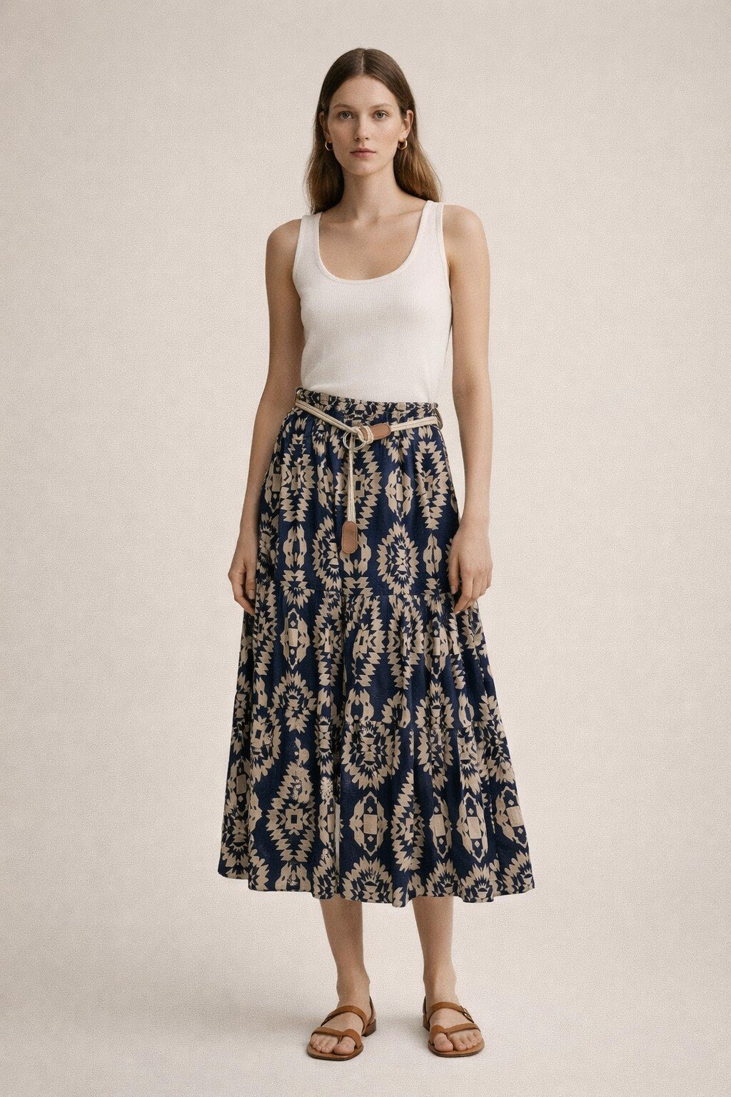 Wholesaler KIS₂ - CASUAL LONG SKIRT ELASTIC COMFORTABLE MATCHED WITH BELT PRINTED ON FABRIC ONE SIZE