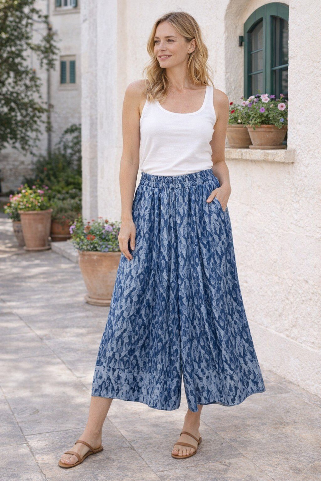 Mayorista KIS₂ - PANTALÓN LARGO ANCHO CURVY TALLA GRANDE CÓMODO CON ESTAMPADO EN TEJIDO ELÁSTICO
