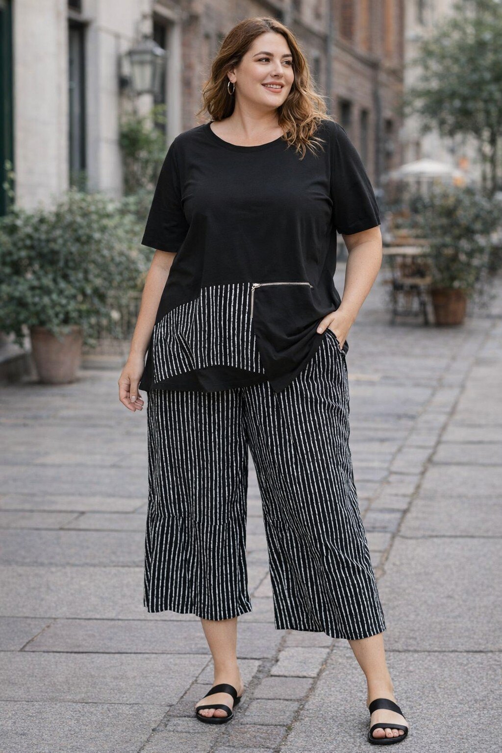 Wholesaler KIS₂ - CURVY STRIPED PANTS WIDE HIPS COMFORTABLE ELASTIC ONE SIZE