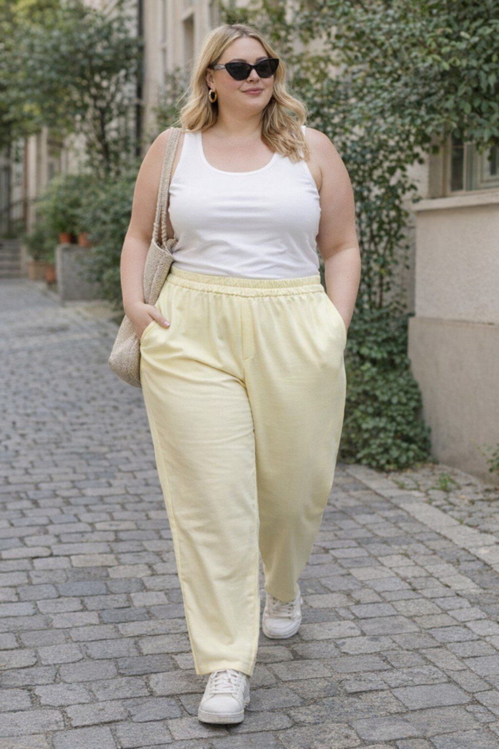 Grossiste KIS₂ - PANTALON CURVY GRANDE TAILLE ÉLASTIQUE AVEC POCHES JAMBE LARGE COULEUR UNIE
