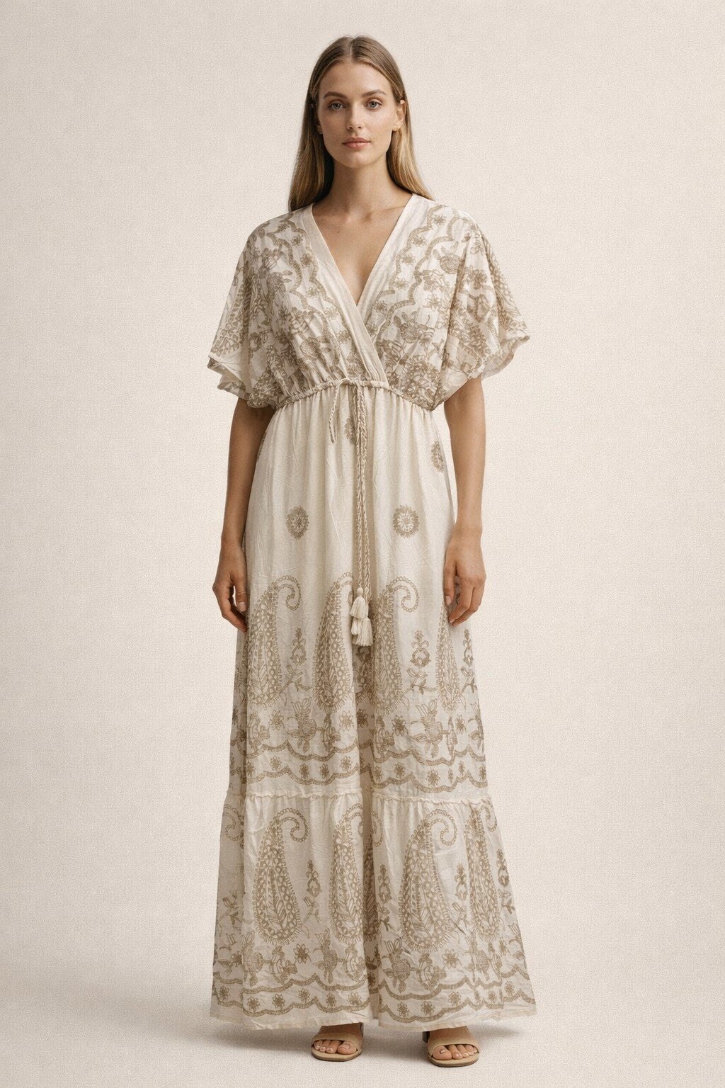 Wholesaler KIS₂ - LONG DRESS WITH PRINTS ON THE FABRIC SHORT SLEEVES V-NECK ELASTIC LIGHT COMFORTABLE ONE SIZE