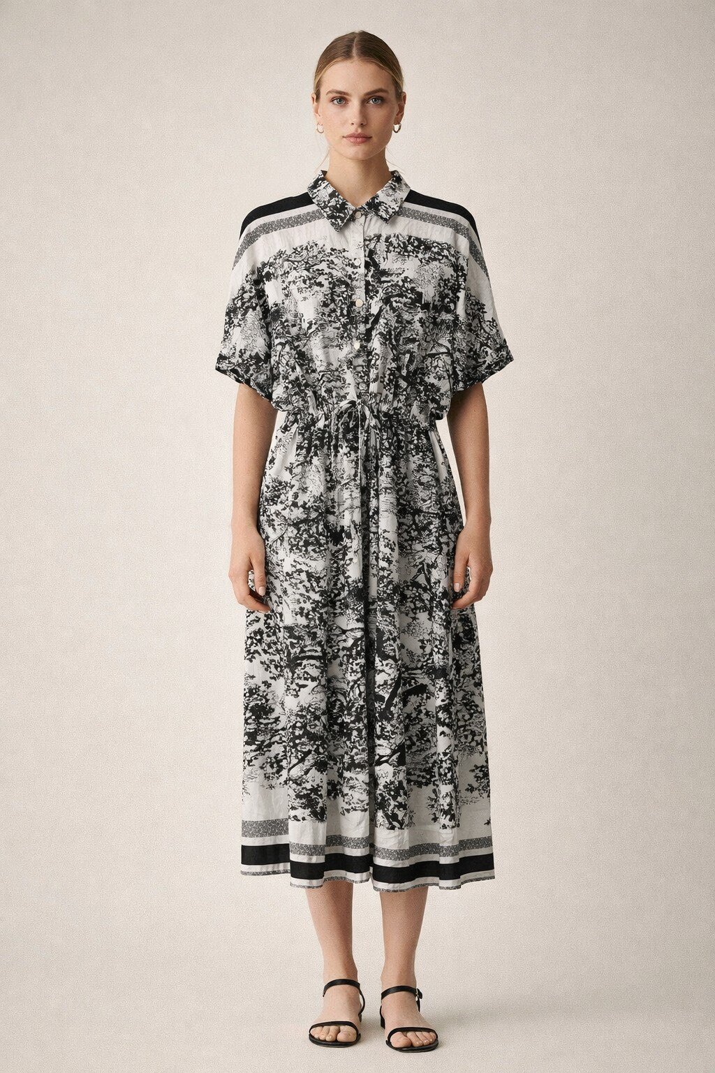 Wholesaler KIS₂ - LONG LOOSE SHIRT DRESS WITH SHORT SLEEVES AND COLLAR PRINTED FABRIC ONE SIZE