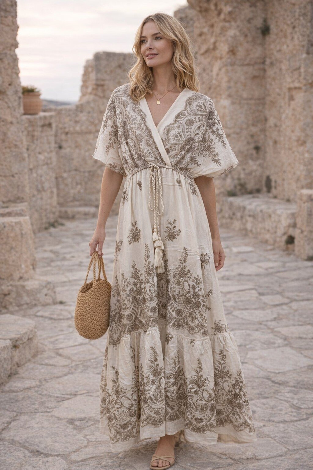 Wholesaler KIS₂ - LONG OVERSIZED LOOSE COMFORTABLE DRESS SHORT SLEEVES V-NECK WITH PATTERN ON FABRIC ONE SIZE