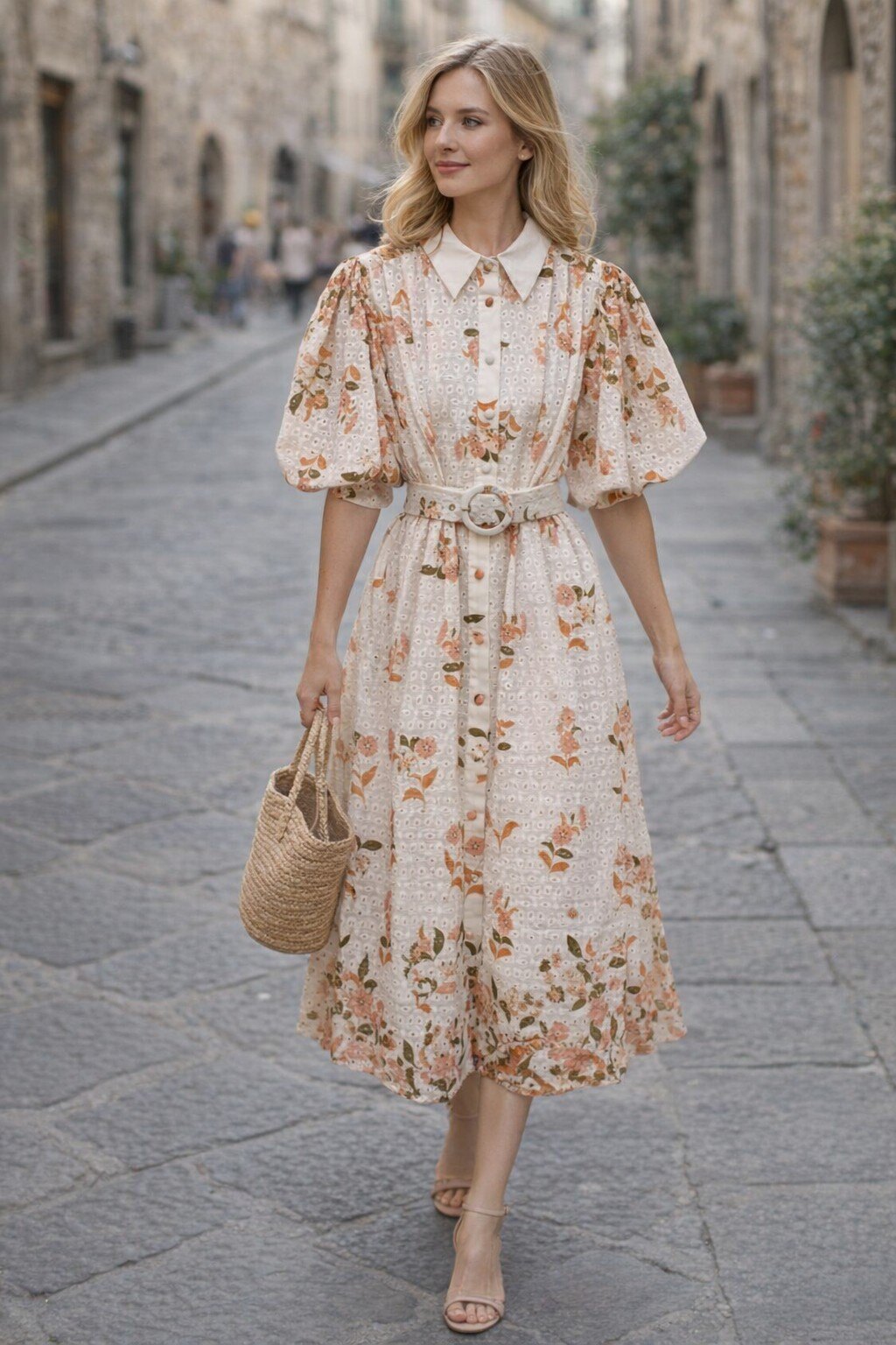 Wholesaler KIS₂ - ELEGANT LONG FLORAL DRESS, SHORT SLEEVES, COLLAR WITH FRONT BUTTONS, PAIRED WITH A BELT, ONE SIZE
