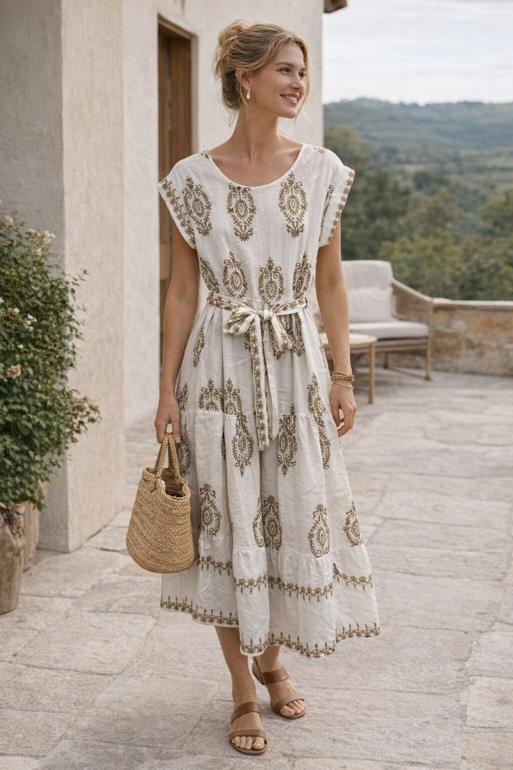 Wholesaler KIS₂ - LONG DRESS WITH SHORT SLEEVES AND CREW NECK, PRINTED FABRIC MATCHED WITH BELT, ONE SIZE