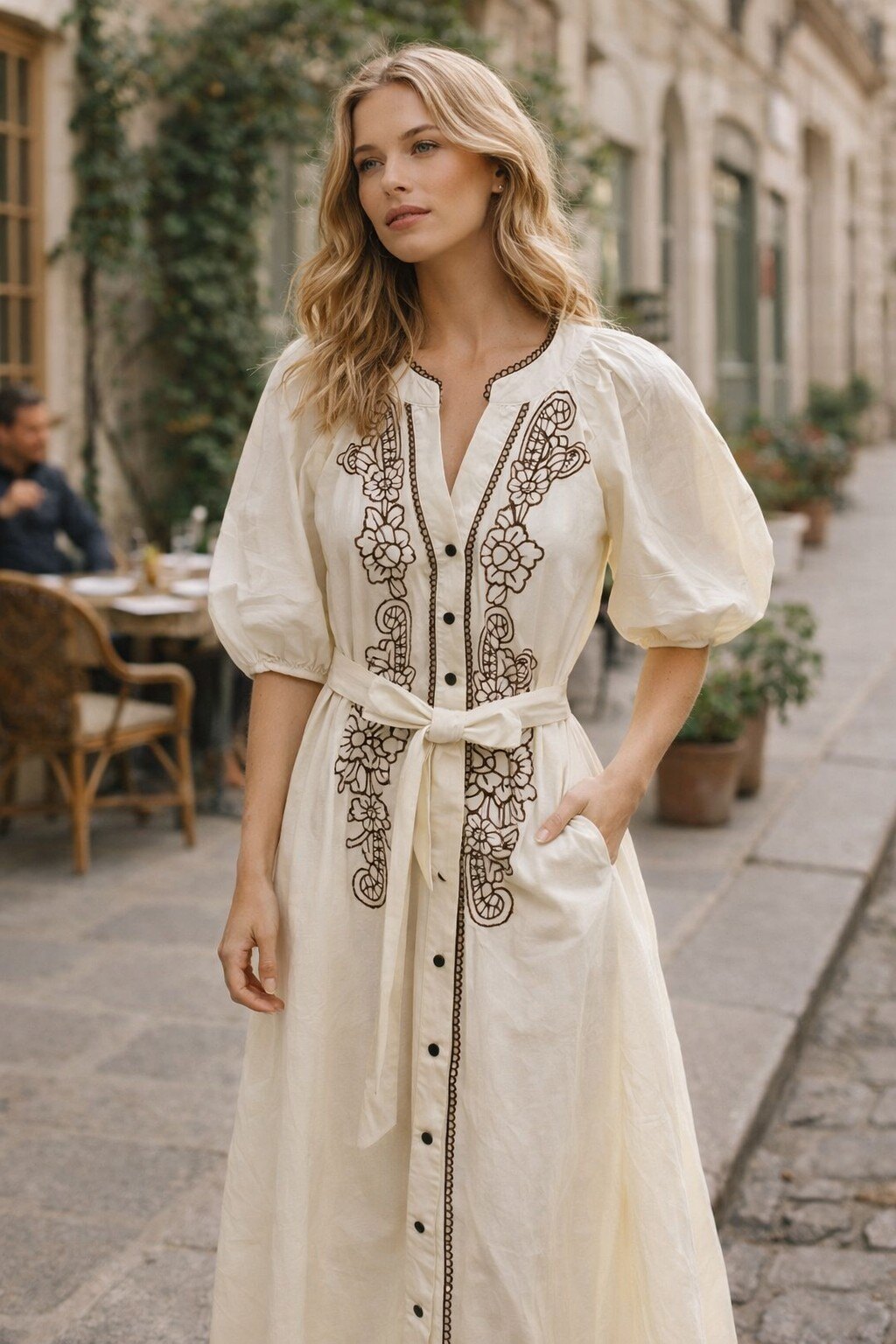 Wholesaler KIS₂ - WOMEN'S LONG DRESS WITH SHORT SLEEVES, V-NECK AND BUTTON CLOSURE, WITH WAIST BELT