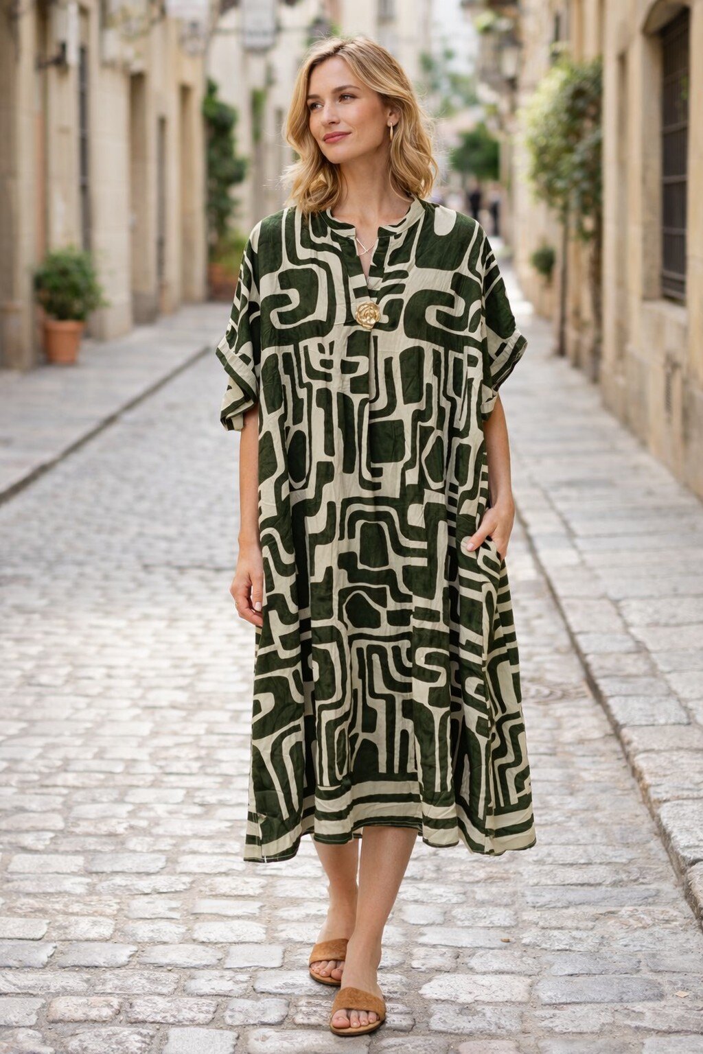 Wholesaler KIS₂ - LONG DRESS LOOSE FIT COMFORTABLE LIGHTWEIGHT OPEN NECK WITH PRINT ONE SIZE